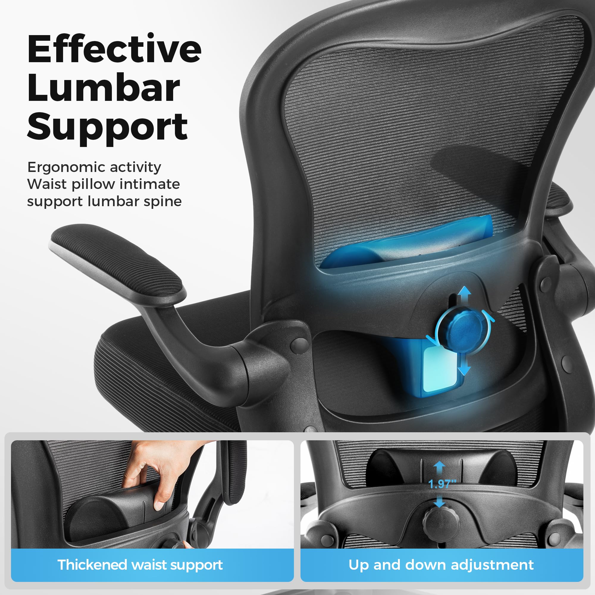ALPHA HOME Bürostuhl Ergonomischer Schreibtischstuhl mit Lendenwirbelstütze, Höhenverstellbar, Bürostühle aus Netzgewebe mit Hochklappbaren Armlehnen, Schwingende Rückenlehne für das Home Office