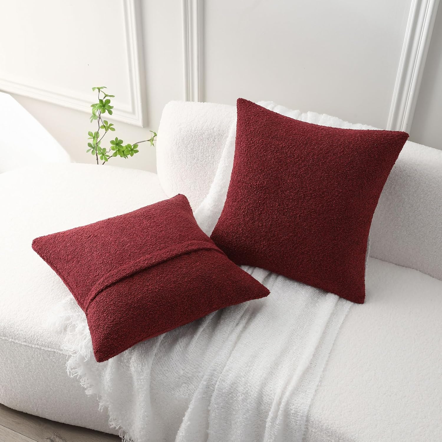 FUTEI Pack of 2 Burgundy Decorative Throw Pillow Covers 18x18 Inch Soft Cozy Solid Boucle Textured Cushion Case,Modern Home Decor for Couch Bed Living Room - Image 5