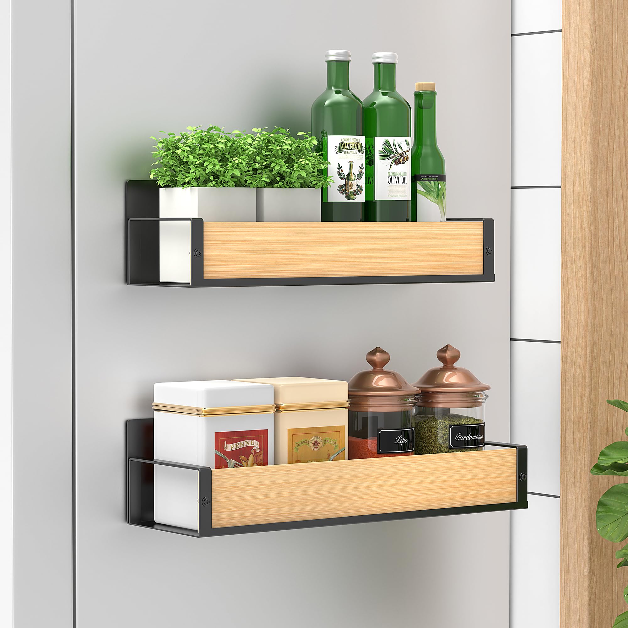 HuggieGems Metal Magnetic Spice Rack for Refrigerator Wood, 2 Pack