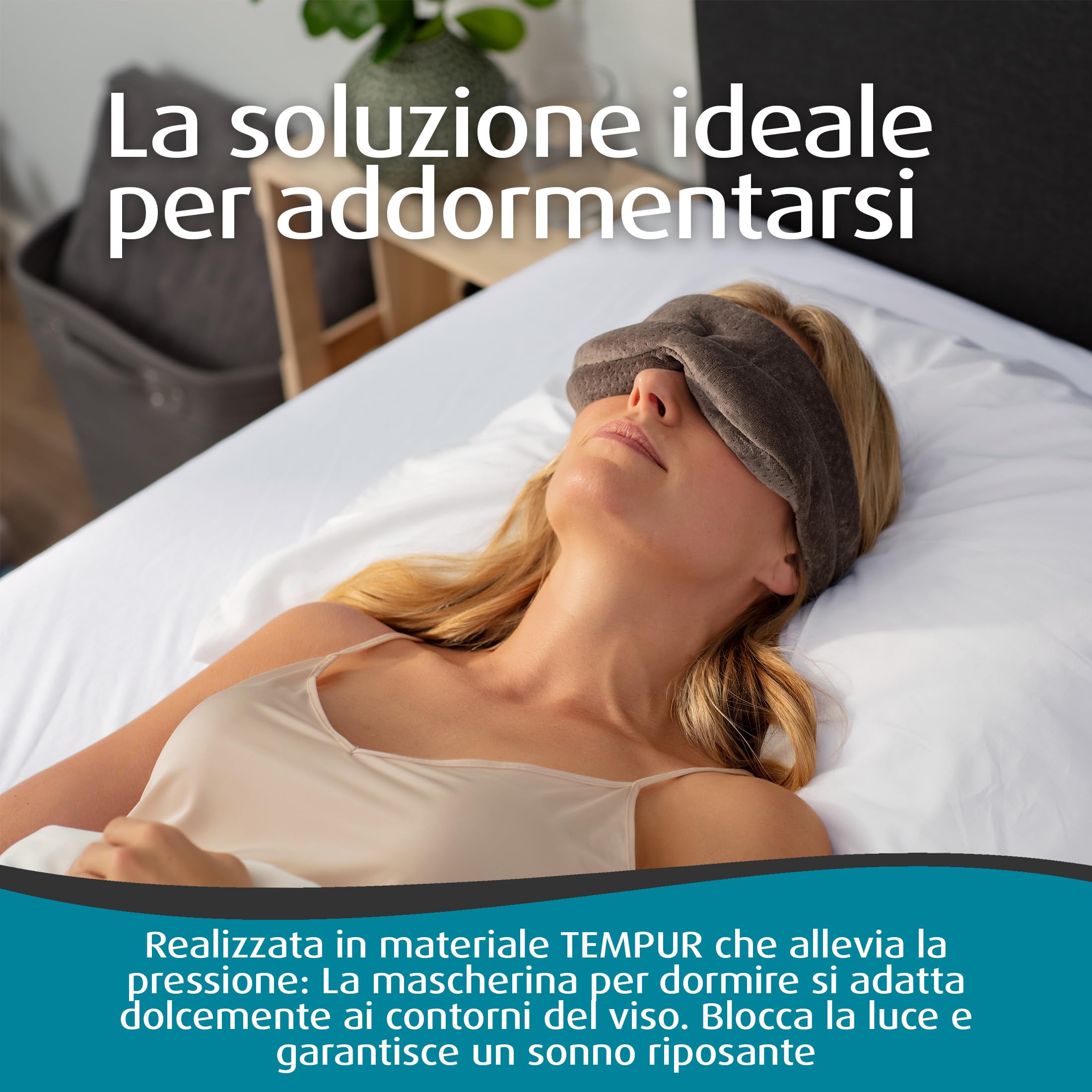 TEMPUR Mascherina sonno, universale regolabile, oscurante per profondo riposo, Grigio