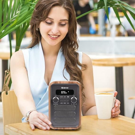 Denver DAB-48 Bluetooth DAB+ Radio With Remote Control - Digital Radio Mains Powered – Bluetooth Speaker – Alarm Clock – Grey With Large Remote Control