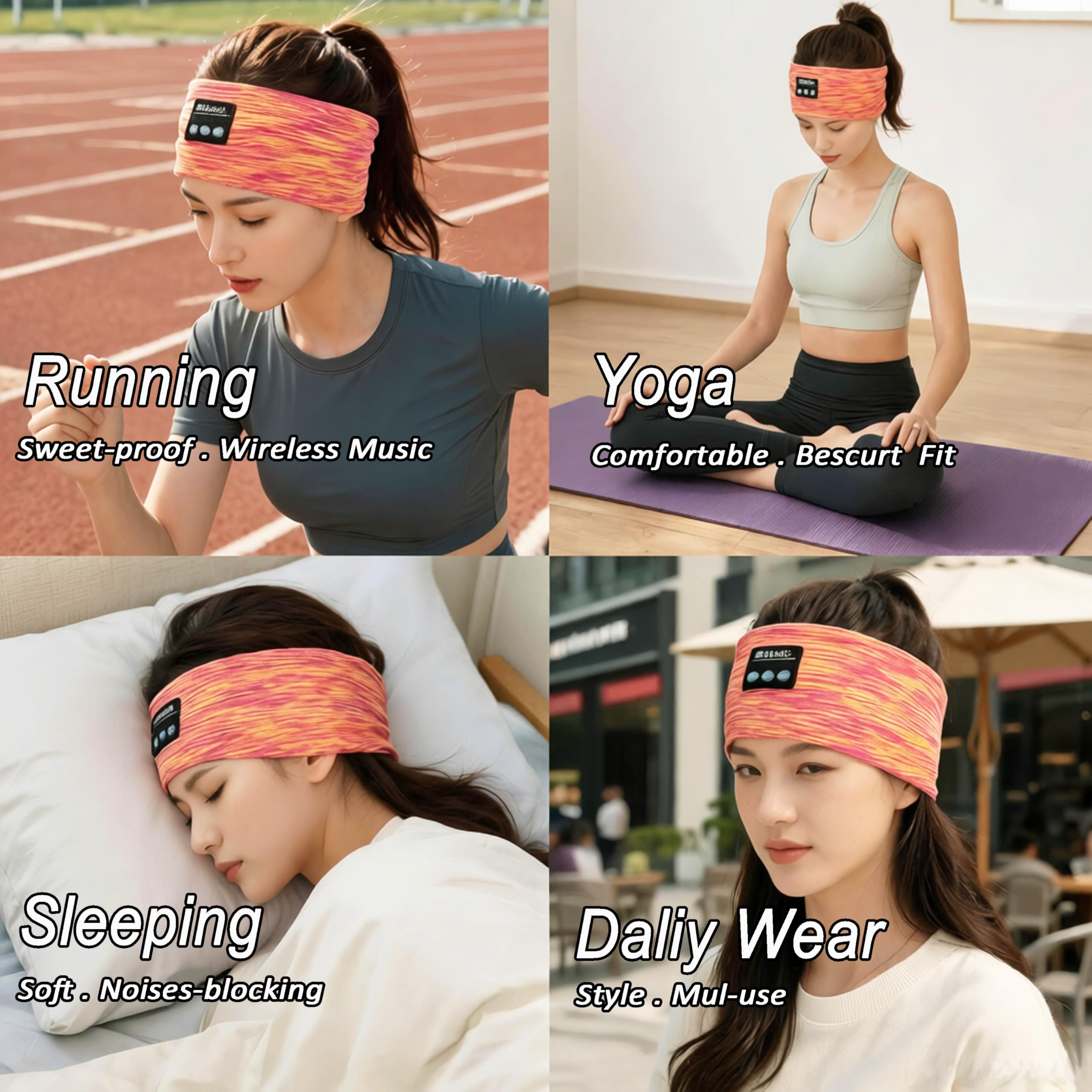 Auriculares Bluetooth para dormir, diadema inalámbrica para dormir de lado, auriculares inalámbricos para dormir, para entrenamiento, deportes, yoga, correr, viajes (amarillo rosado)