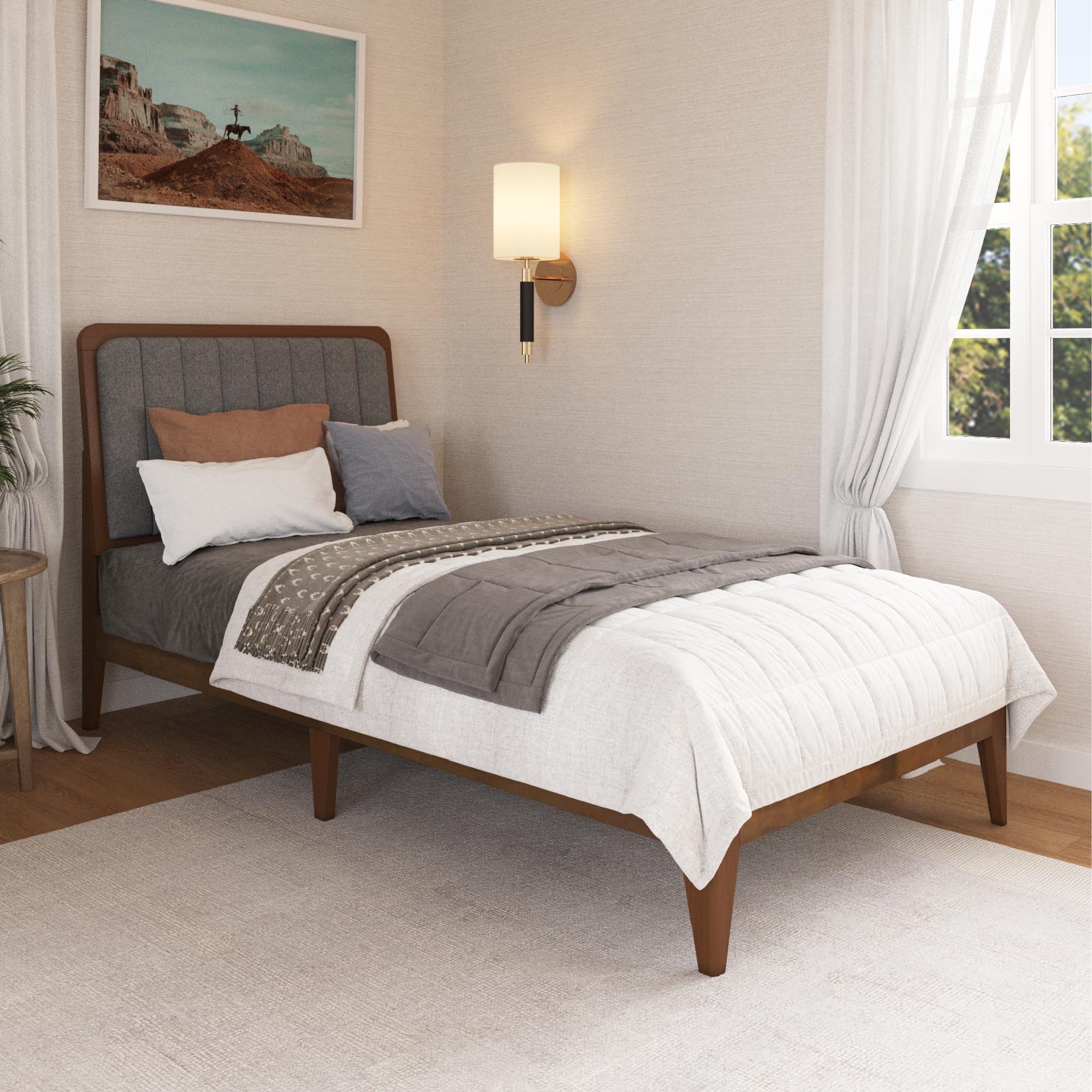 DG Casa Raven Solid Wood Twin Size Bed Frame - Mid Century Modern Style, Platform with Tufted Upholstered Adjustable Height Headboard, No Box Spring