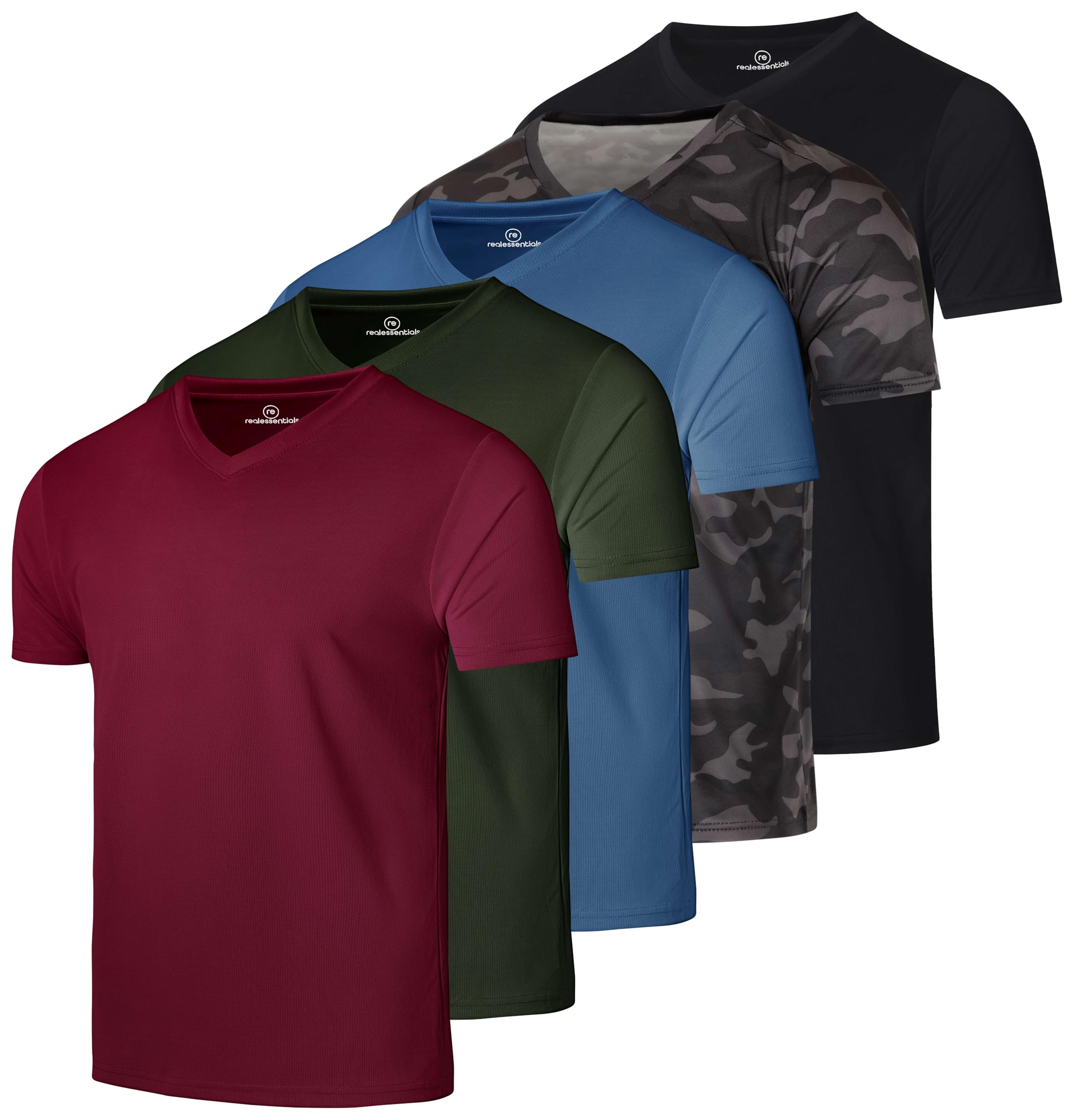 5 Pack: Men’s V-Neck Mesh Moisture Wicking Active Athletic Performance Short Sleeve T-Shirt, Set 9, L