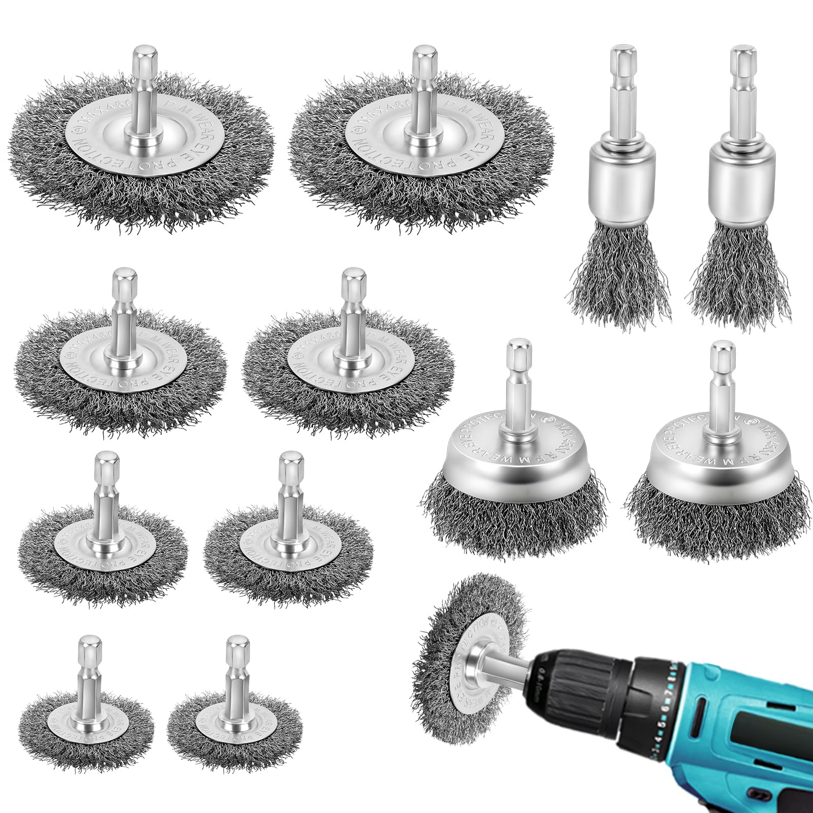 12 Piezas Cepillos de Alambre para Taladro, Vástago Redondo 6 mm Cepillo Metalico Limpieza Lijadora para Cepillos Alambre Taladro Profesionale para Pulir/Lijar/Eliminación Óxido/Corrosión