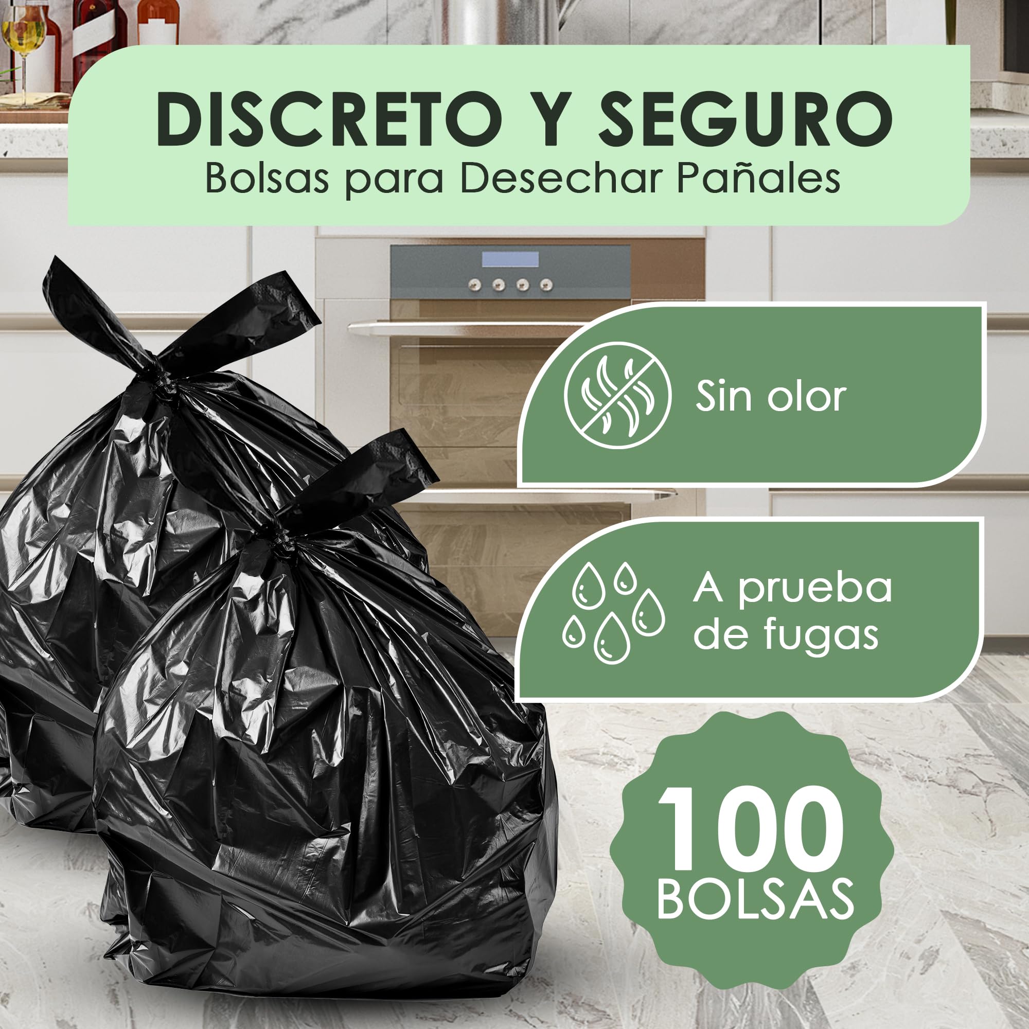 Paquete de 100 Bolsas Pañales Adulto - Bolsas Grandes Negras para Contenedor Pañales de Adulto, Resistentes, Desechables y Sin Fragancia - 15% Más Gruesas - Bolsas para Tirar Pañales