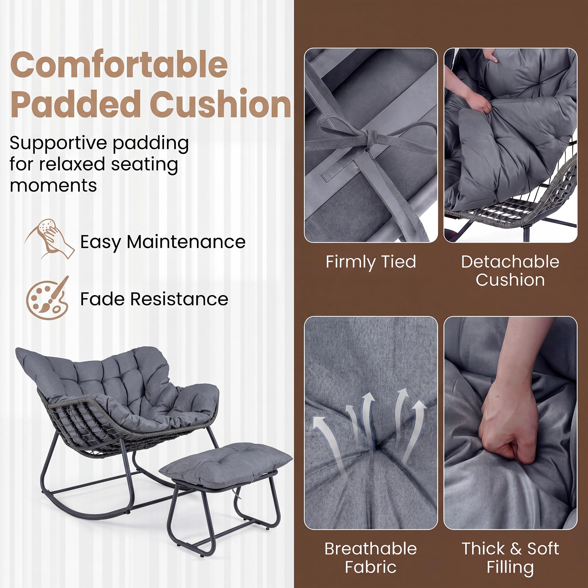 GIANTEX Fauteuil a Bascule avec Repose-Pied, Chaise a Bascule Surdimensionné avec Assise en Rotin PE, Coussin Amovible Rembourré, Cadre Métallique Robuste, pour Salon, Balcon, Jardin (Gris)
