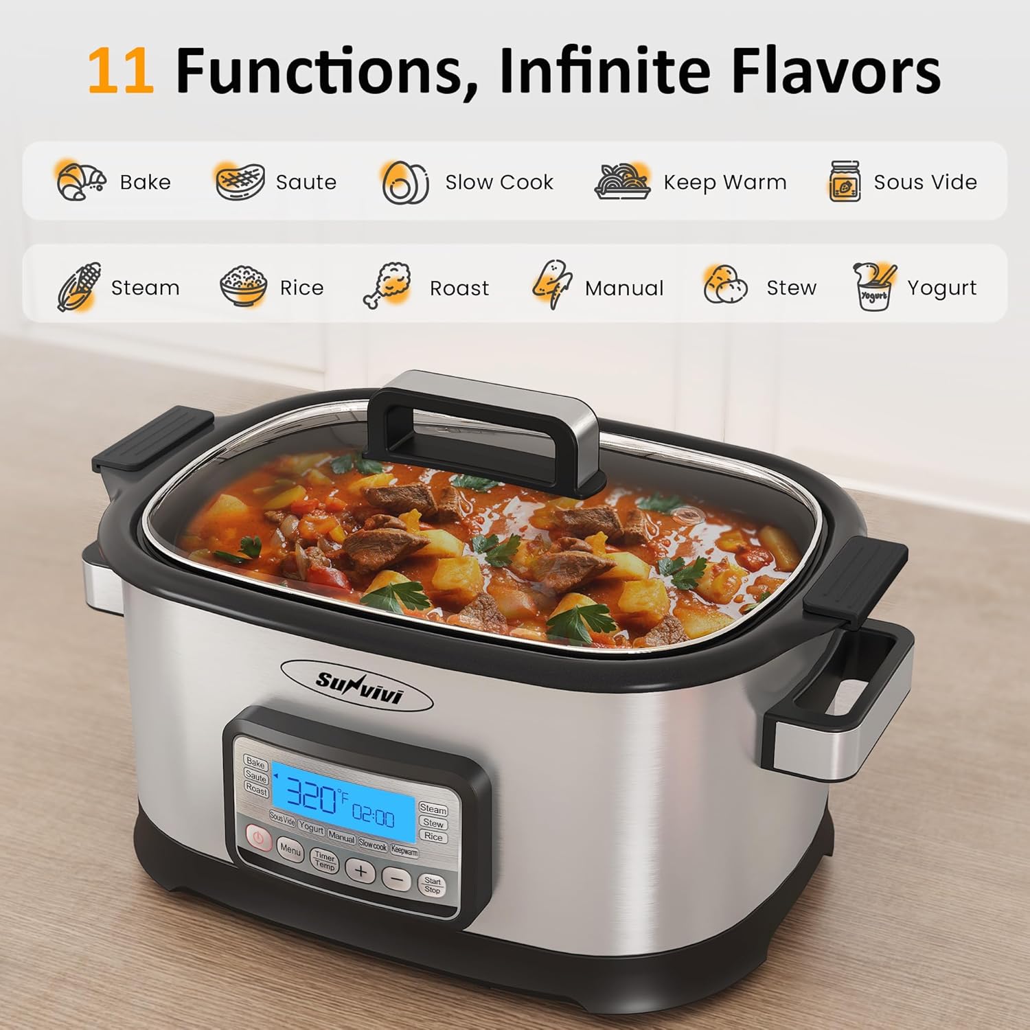 Sunvivi 6.5 Quart Slow Cooker Roaster Oven：11 in 1 programmable Multi-Cooker Food Warmer with Digital Timer, Temp Control, Removable Nonstick Cast Aluminum Pot & Dishwasher-Safe Tempered Glass Lid