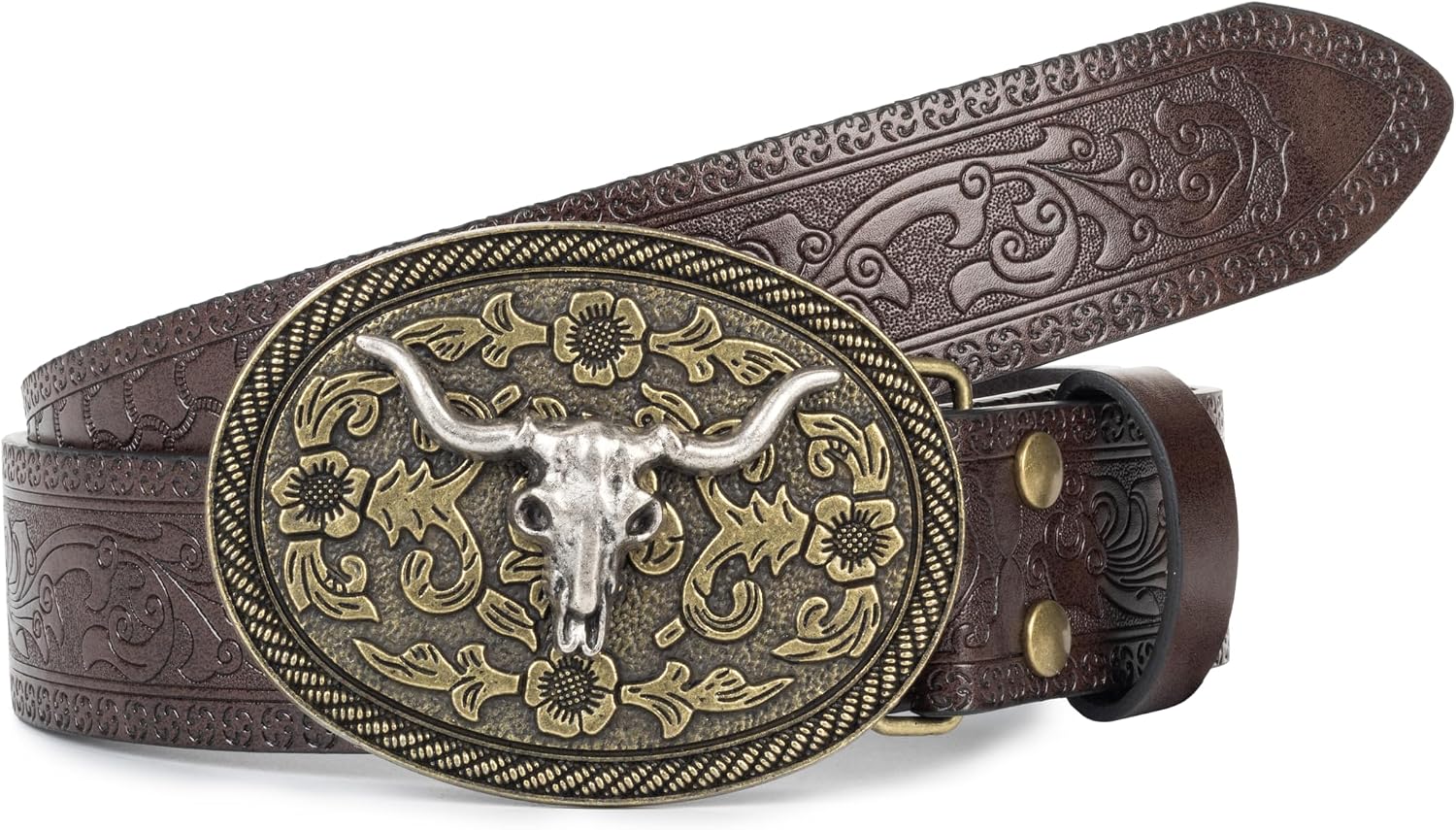 Western Cowboy Retro Bull Buckle Belt, Unisex Floral Engraved for Jeans