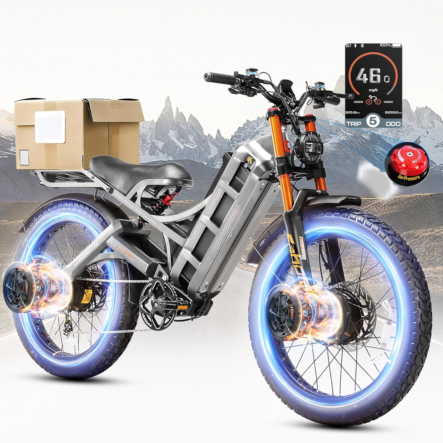 eAhora Romeo Pro 2 52V/70Ah 200+Miles Long Range Ebike, 26 * 4.0" Fat Tire Full Suspension Electric Mountain Bike 4000W 46Mph Electric Bike for AdultsGray+Rack