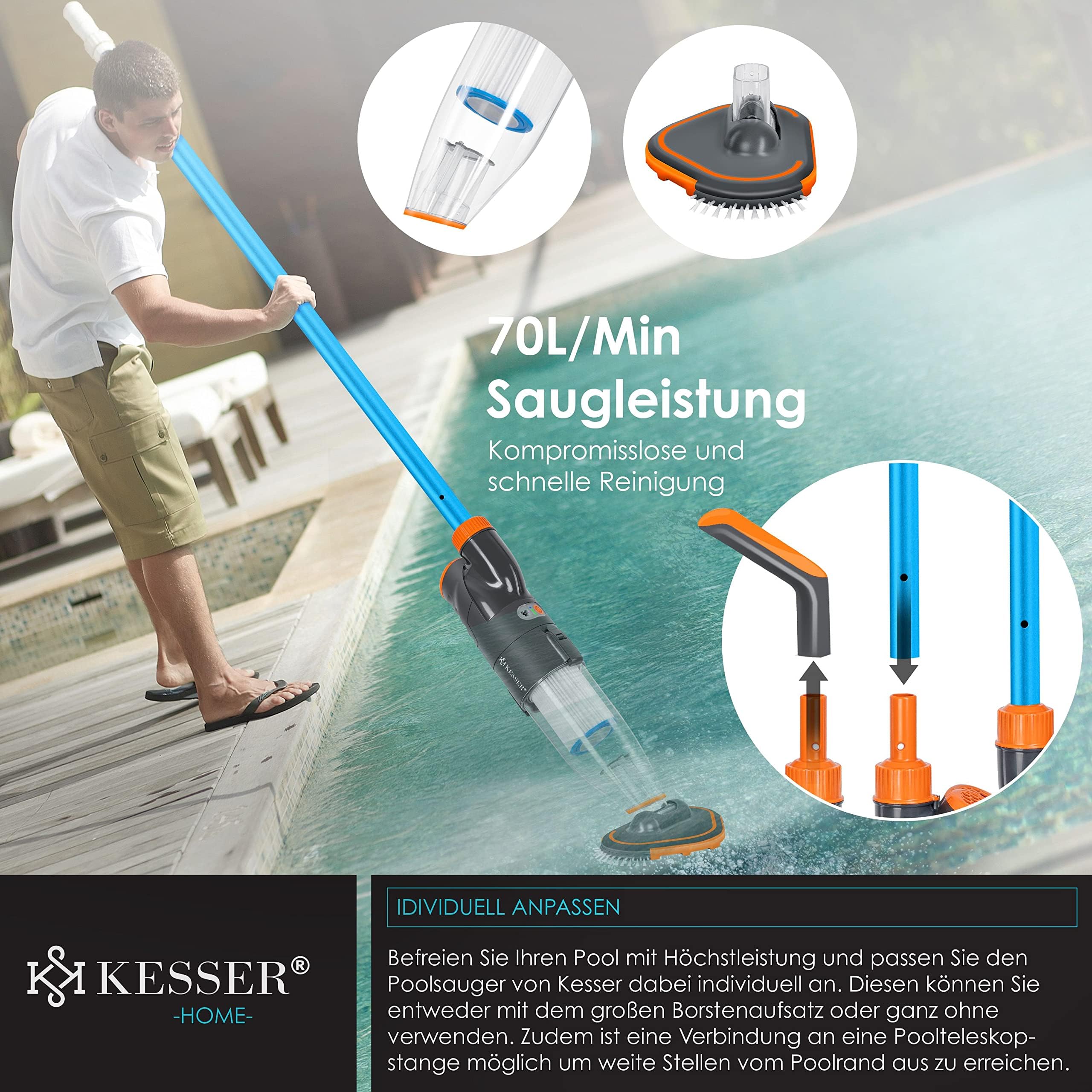 KESSER® Aspirapolvere per piscina con batteria, aspirapolvere elettrico per piscina, con filtro e sistema a 2 velocità, set di pulizia senza fili fino a 15 m³