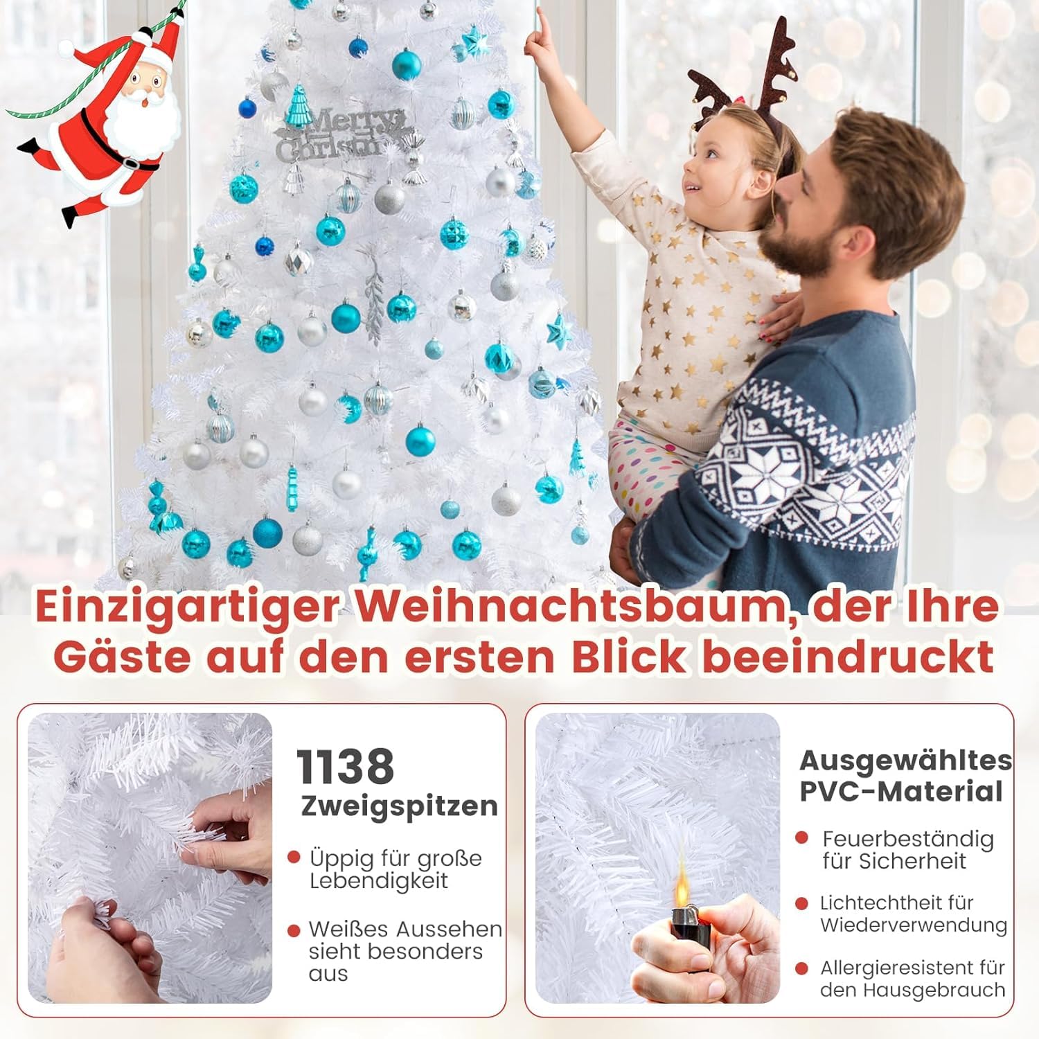 RELAX4LIFE 240 cm Künstlicher Weihnachtsbaum Weiß, Tannenbaum mit 1138 Zweigspitzen & Metallständer, Naturgetreu & Schnellaufbau, Christbaum PVC-Nadeln, Weihnachtsdeko für Zuhause, Büro, Geschäfte