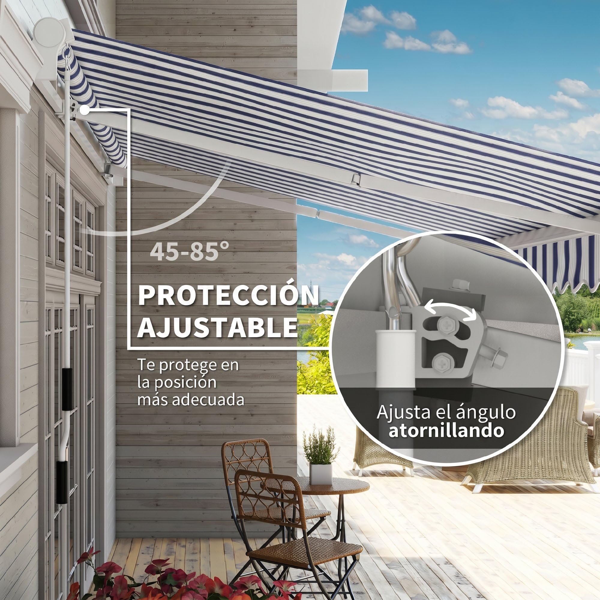 Outsunny Tenda manuale retrattile, 395 x 245 cm, tenda da sole esterna con angolo regolabile, braccio articolato, montaggio a parete, struttura in alluminio, anti-UV e impermeabile, per giardino, blu