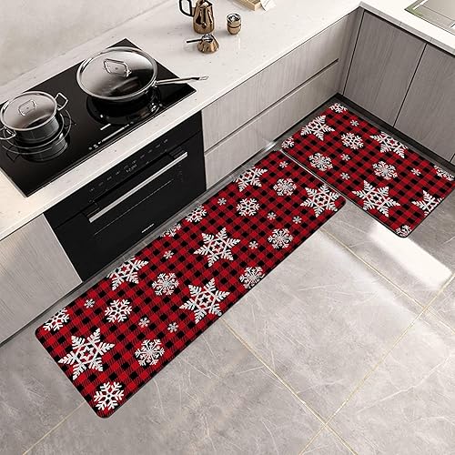 Miniatura 6 de Juego de 2 tapetes de cocina de Navidad con diseño de búfalo rojo, juego de alfombras de cocina con copos de nieve, tapetes de cocina acolchados