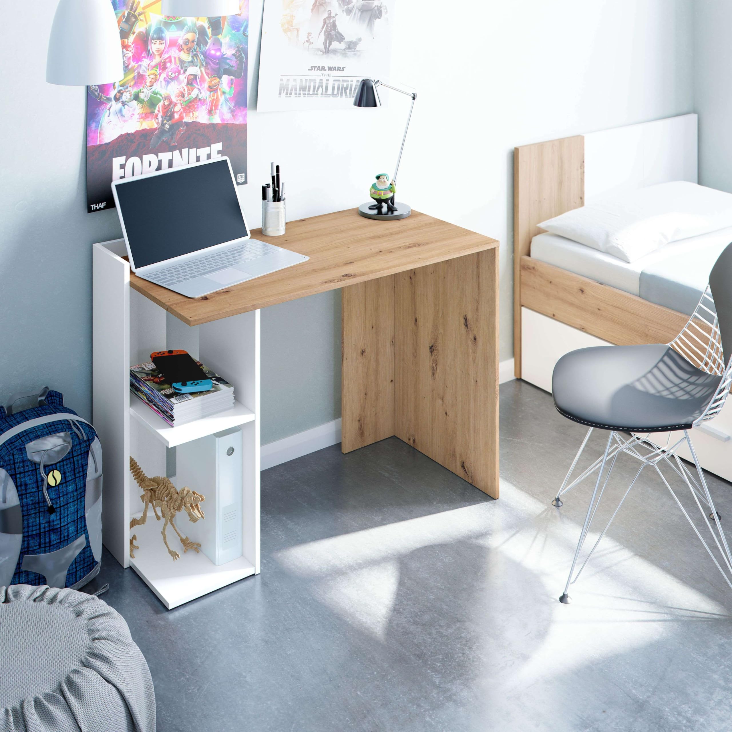 Habitdesign - Mesa de Estudio Reversible con Estantes, Escritorio, Mesa de Despacho, Color Roble Nodi y Blanco Artik, 100x78x52 cm - Modelo Kenia