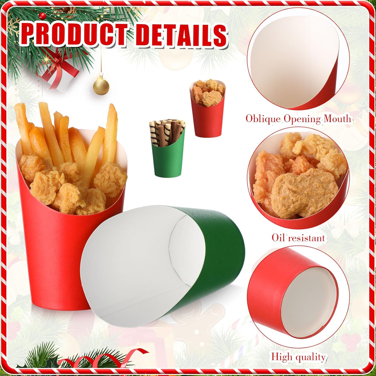 100 Pcs Christmas Charcuterie Cups, 12 oz Red Green Paper French Fry Holder Toothpick Disposable Appetizers Cups Skewers(Christmas)