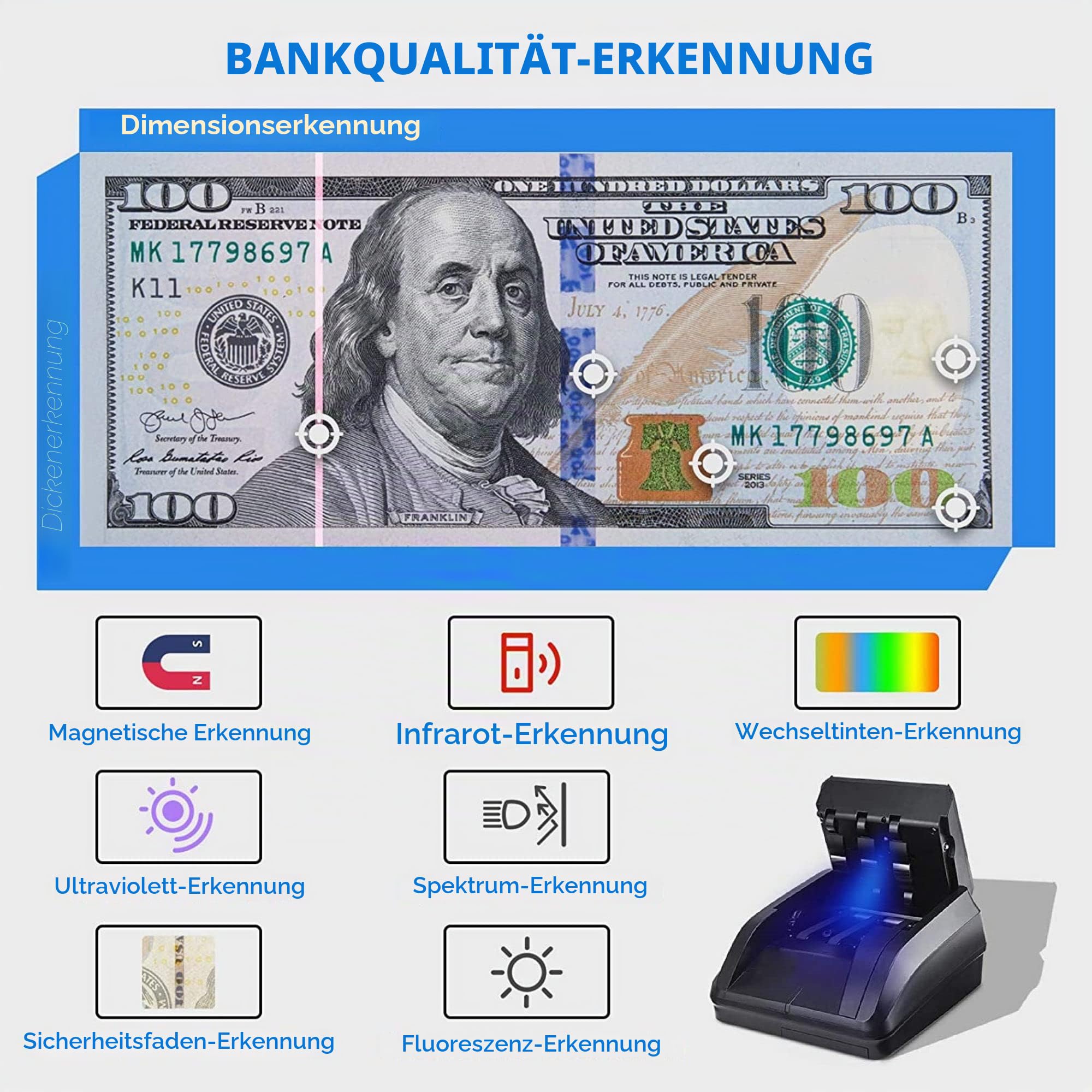 Mini Portable Geld Zähler Falschgeld Detektor Automatische Geld-Erkennung durch UV MG IR Bild Papierqualität für Euro Geeignet für Geschäfte Restaurants Hotel