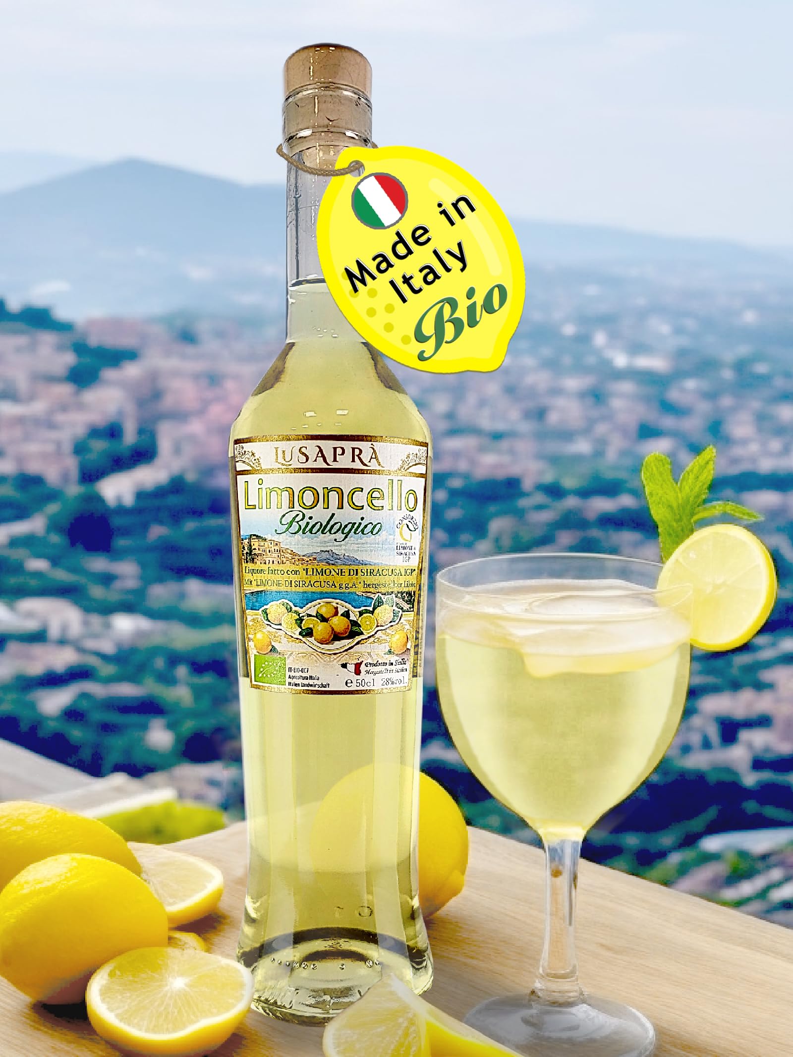 LUSAPRÀ Bio Limoncello | Likör original aus Italien/Sizilien | 500 ml | mit Zitronen aus der Provinz Syrakus | 28% vol. | 0,5 l Zitronenlikör