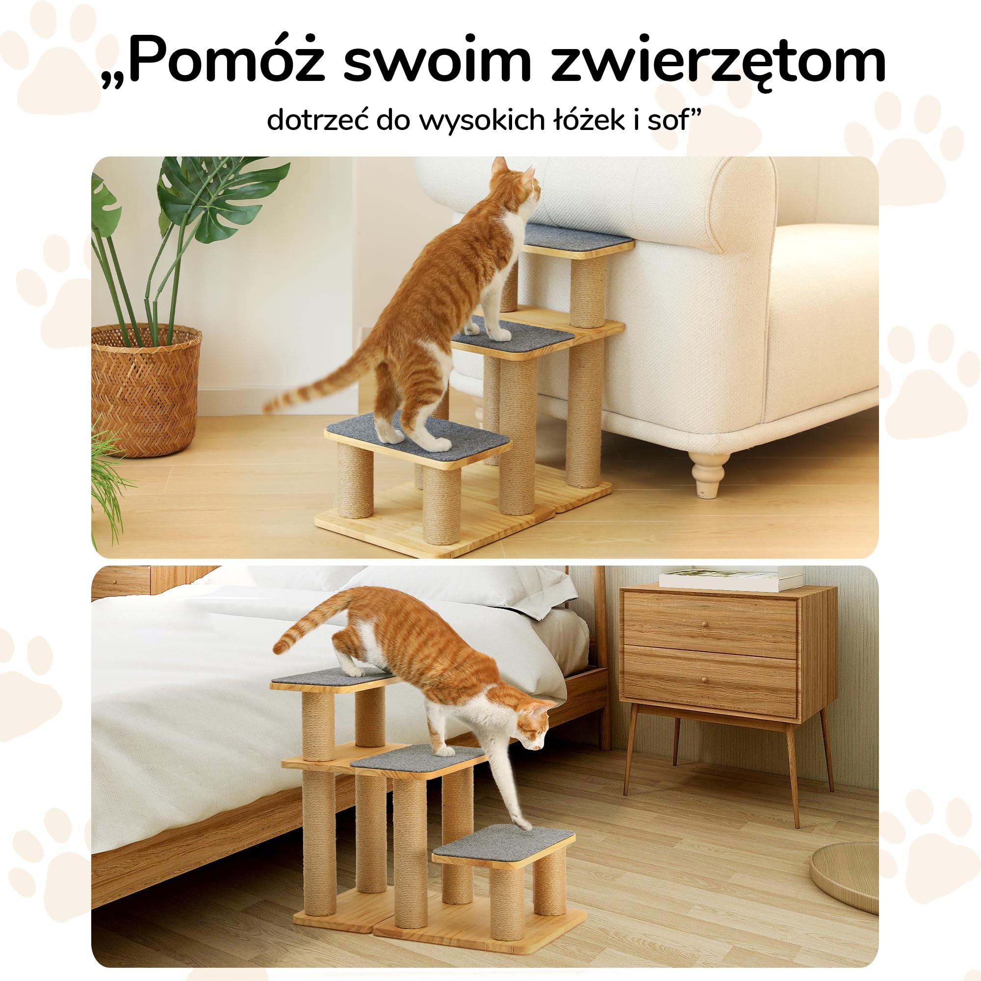 FUKUMARU Drabinka dla kotów i psów, schody dla zwierząt z litego drewna z drapaczem, transformowalna rampa do łóżek i sof, nośność 90 kg, 6+ kombinacji, 51 cm