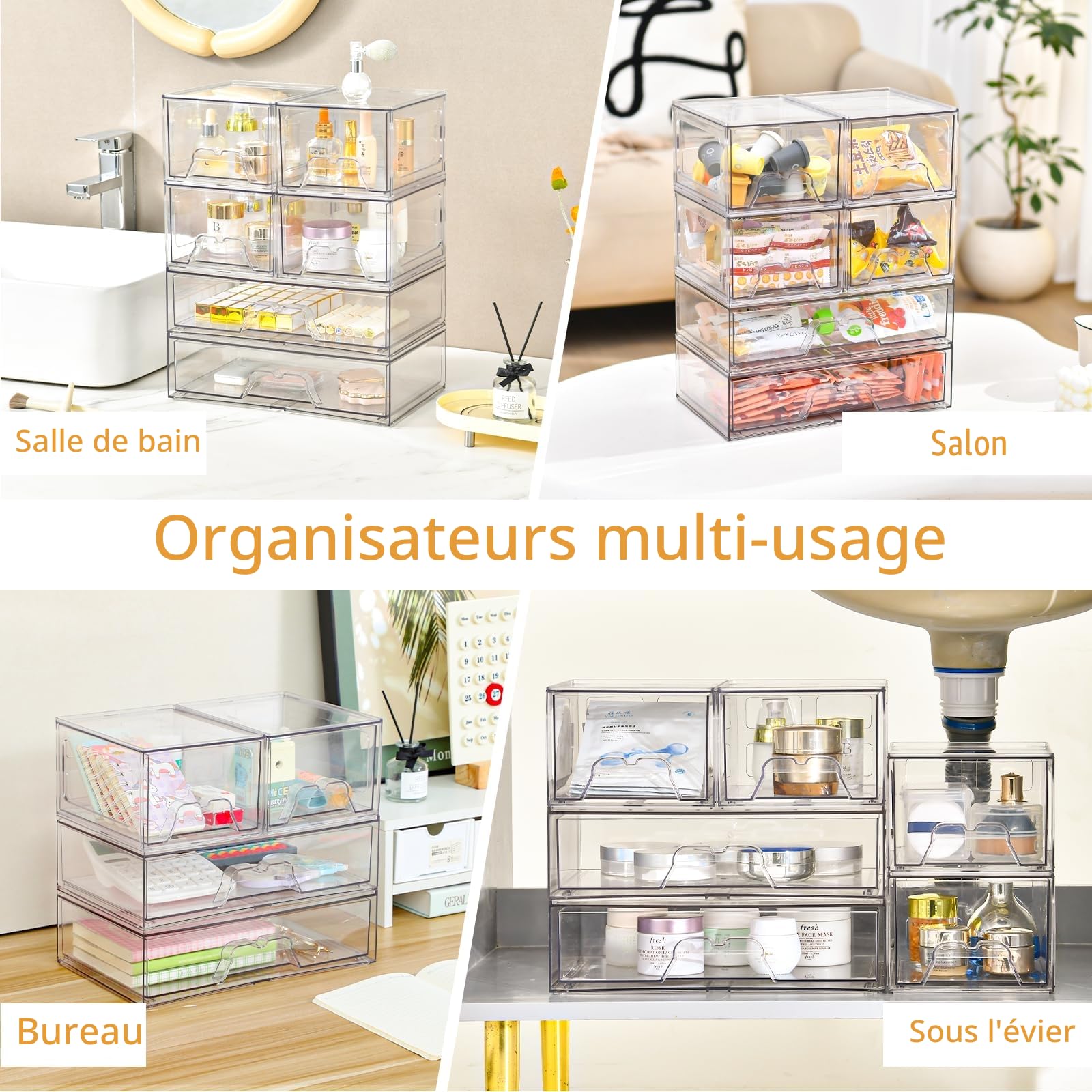 Lot de 4 Empilables Rangement Tiroir Organisateur Tiroir Salle de Bain