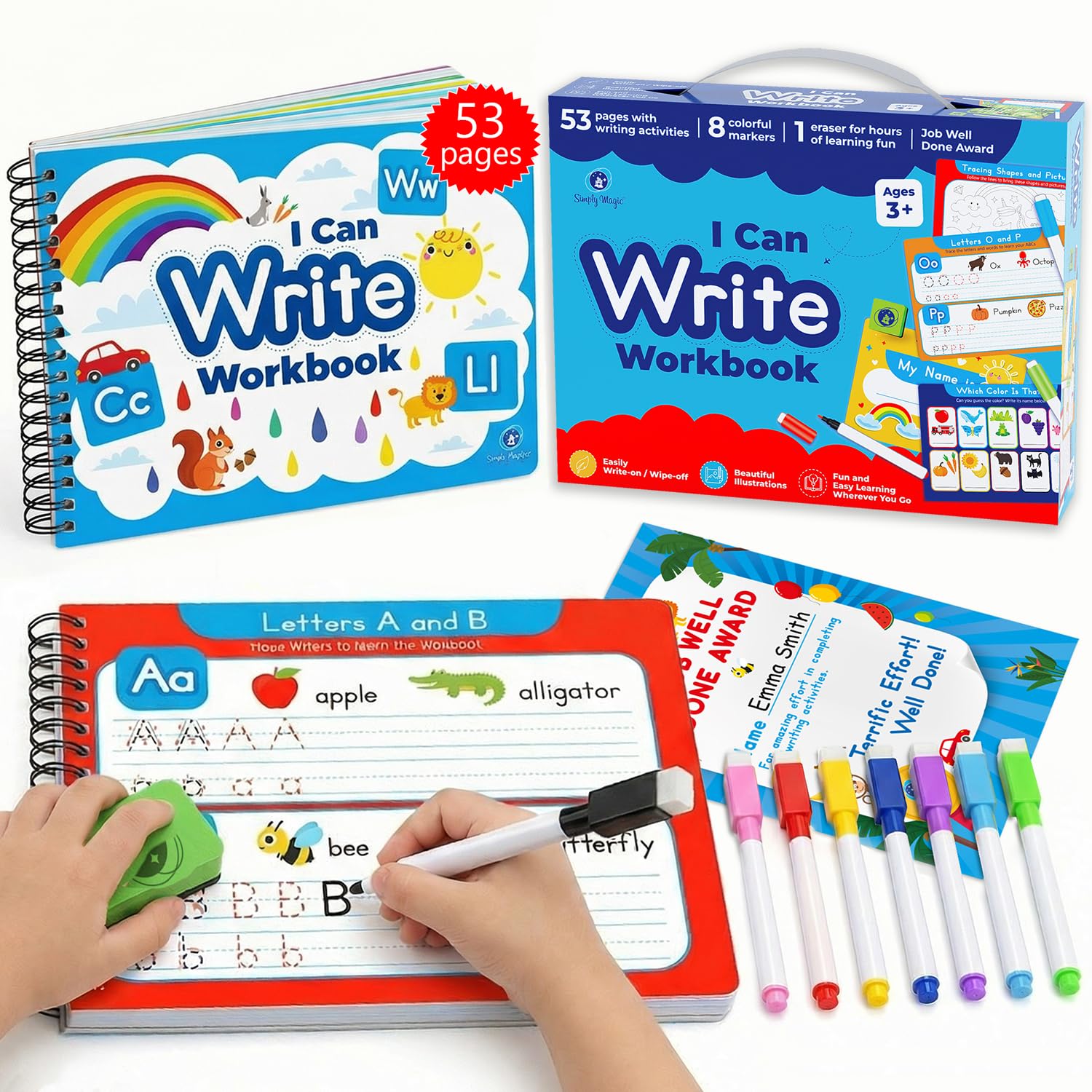 53 piezas de libro de trazado Simply magic I Can Write para niños de 3 a 5 años, borrado en seco, libro de trabajo preescolar, seguimiento del alfabeto ABC, práctica de escritura a mano para niños