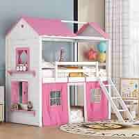 house on the hill 23aw ロンパandボンネットセット Harper & Bright Designs White Twin over Twin House Bunk Bed