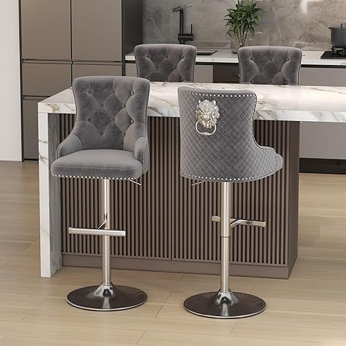 Miniatura 22 de ABET Juego de 2 taburetes de bar, taburetes de altura de mostrador con reposapiés, silla giratoria ajustable de terciopelo para isla de cocina con