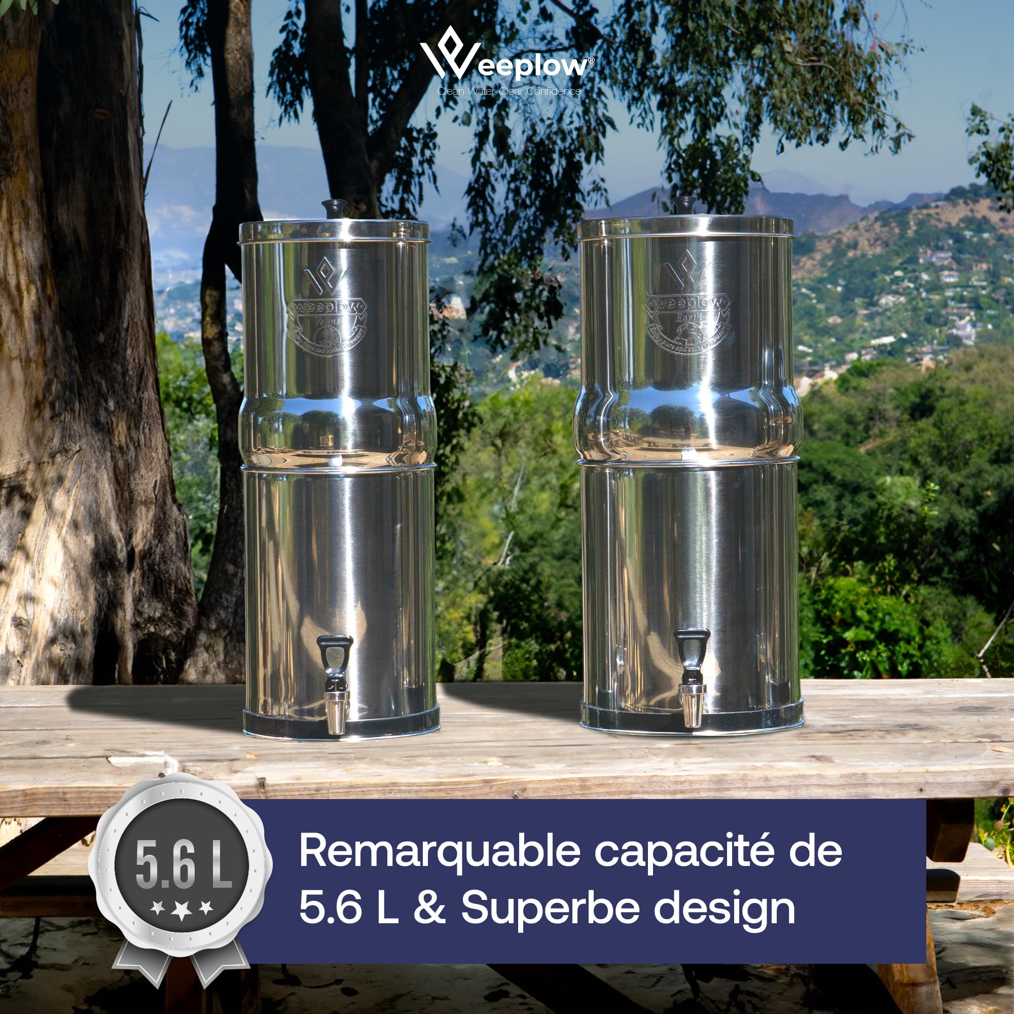 Weeplow® Venus ECO - Système de Filtration d'Eau par Gravité 5.6L Litres AISI 304 avec 2 Eléments de Purification O'Pure 2 Et Robinet 100% Inox (Inox, 5.6L ECO)