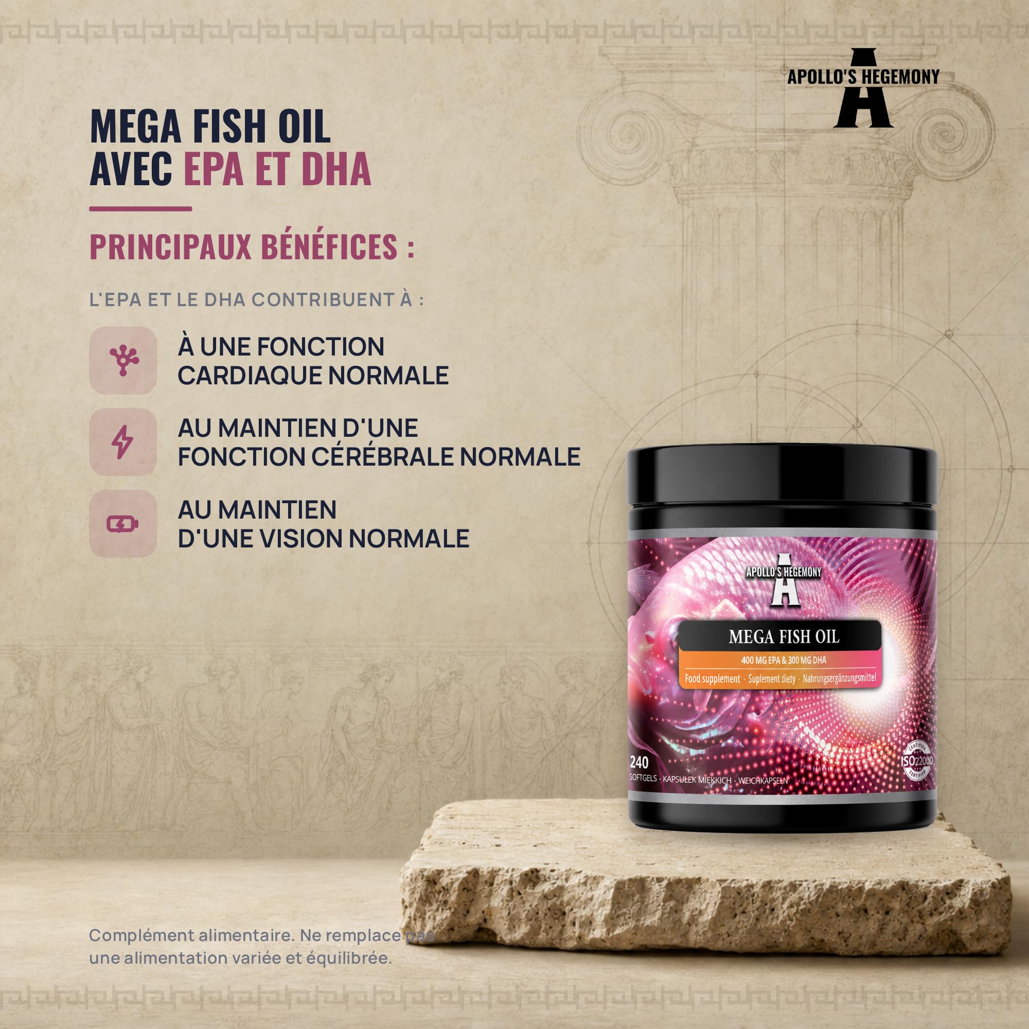 Mega Fish Oil 1000 mg par gélule - 240 softgels - 8 mois d'approvisionnement - Pour la santé du cœur, du cerveau et de la vision - Supplément oméga-3 de première qualité par Apollo's Hegemony