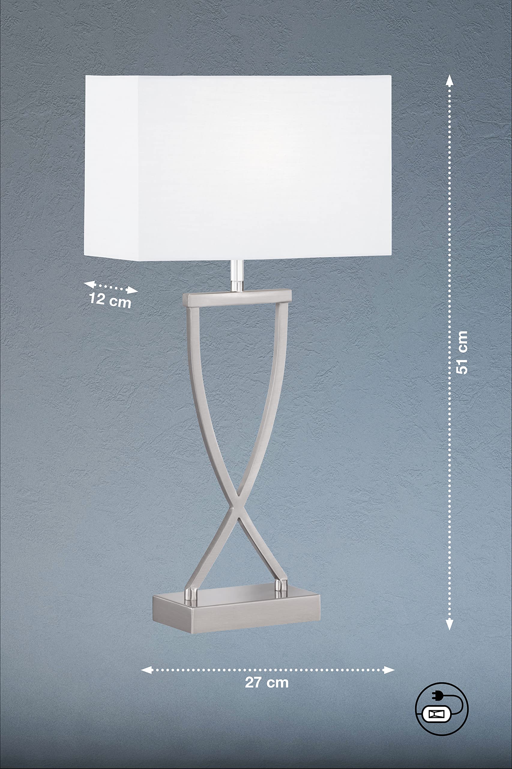 Fischer & Honsel Tischleuchte Anni, Tischlampe mit Stoff-Lampenschirm und aufwändigem Gestell, Schreibtischleuchte aus Metall in Nickelfarben matt & Weiß, E27-Fassung, 27x12x51cm