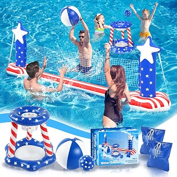 4th of July Pool Toys Games Set, 2 in 1 Inflatable Volleyball Net & Basketball Hoop, Large Water Floating Volleyball Toy Summer Party for Kids Teens Adults, American Flag 250th Anniversary