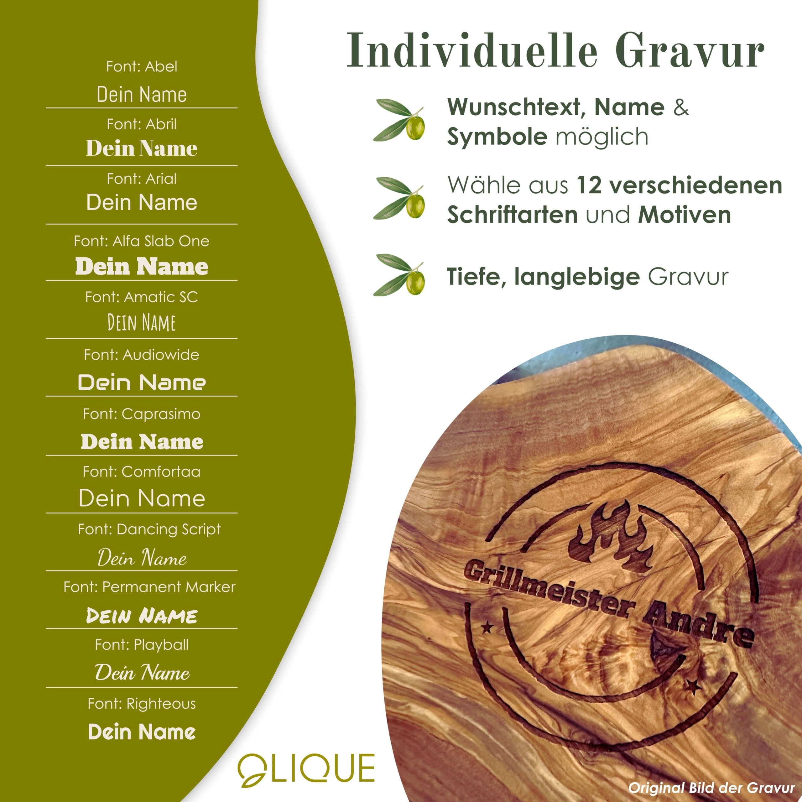 Tagliere personalizzato, legno d'ulivo - Tagliere rustico in legno d'ulivo con incisione come regalo individuale (50-55 cm)