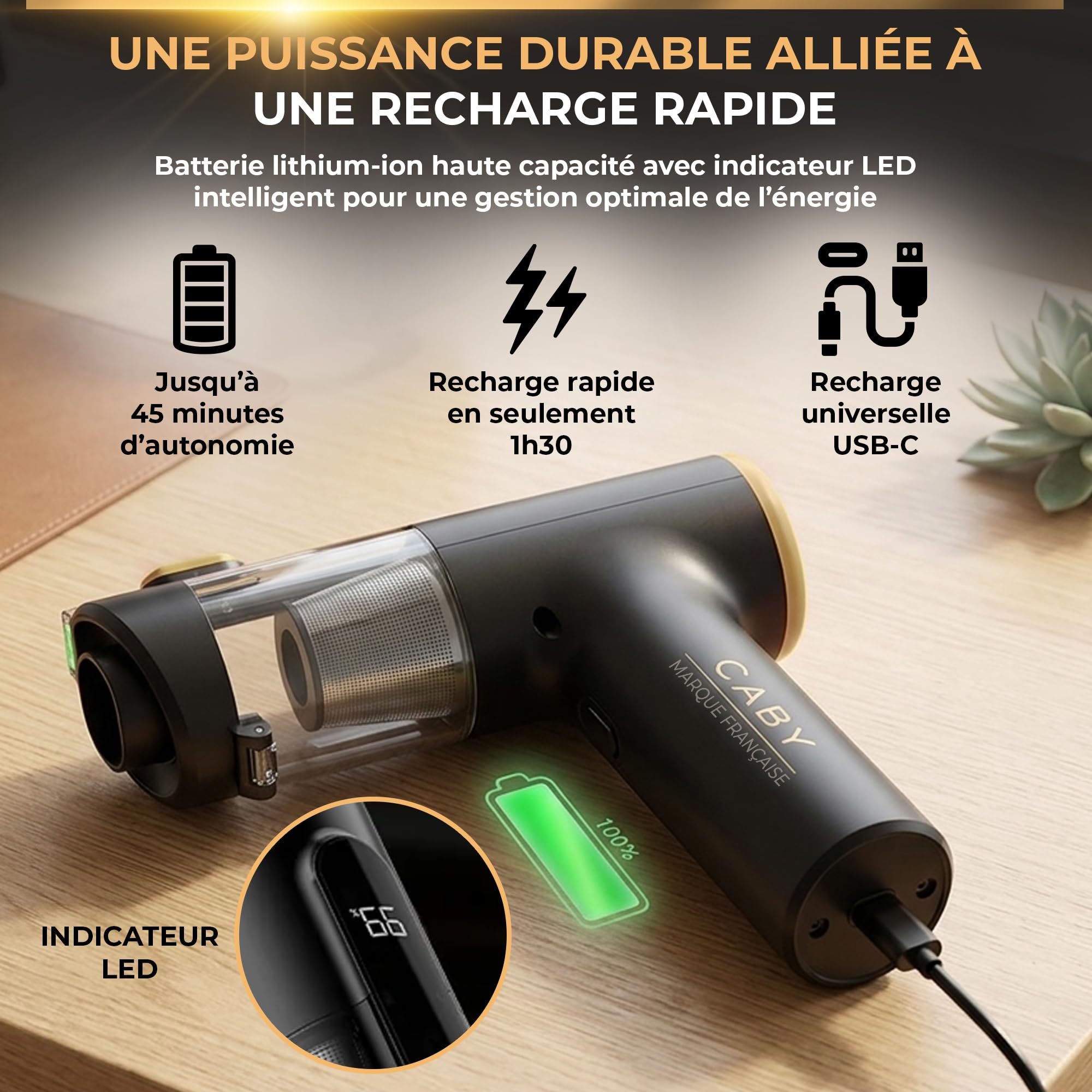 CABY Mini Aspirateur sans Fil Puissant 3 en 1 Mini Souffleur sans Fil et Gonfleur - Aspirateur Voiture avec Détecteur de Poussières 28000PA - Accessoire Voiture/Maison et Cuisine