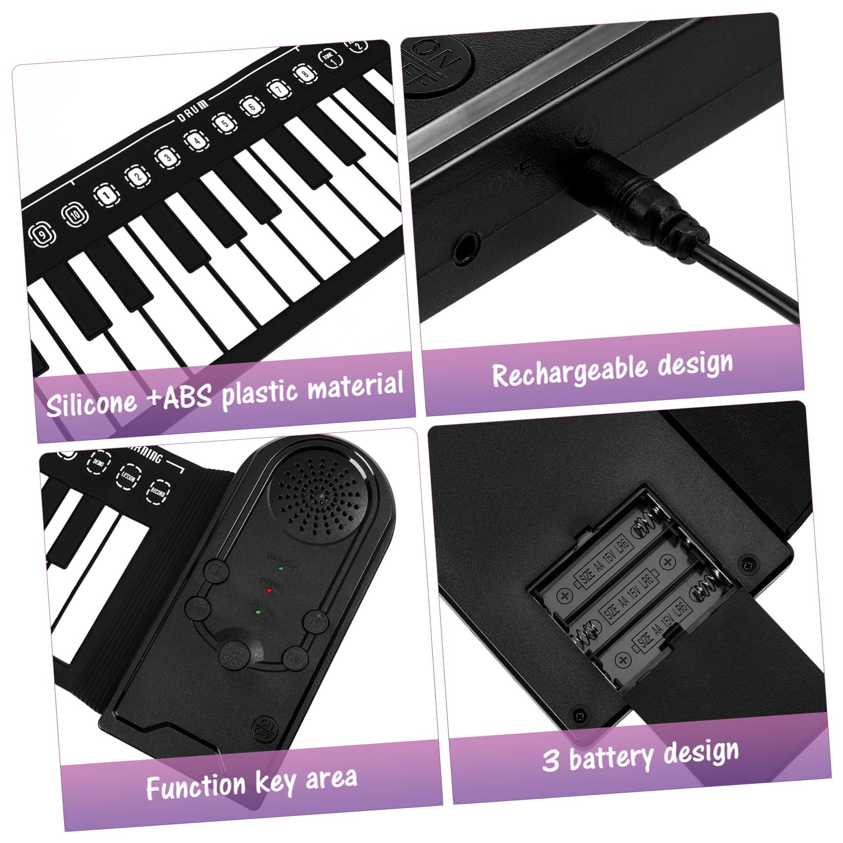 Pianoforte Elettronico Arrotolabile 49 Tasti Nero per Principianti | Silicone, Altoparlante Integrato, Controllo Ritmo 32 Livelli e Volume 16 Livelli, Cavo USB Dc 6v e 3 Batterie Aa