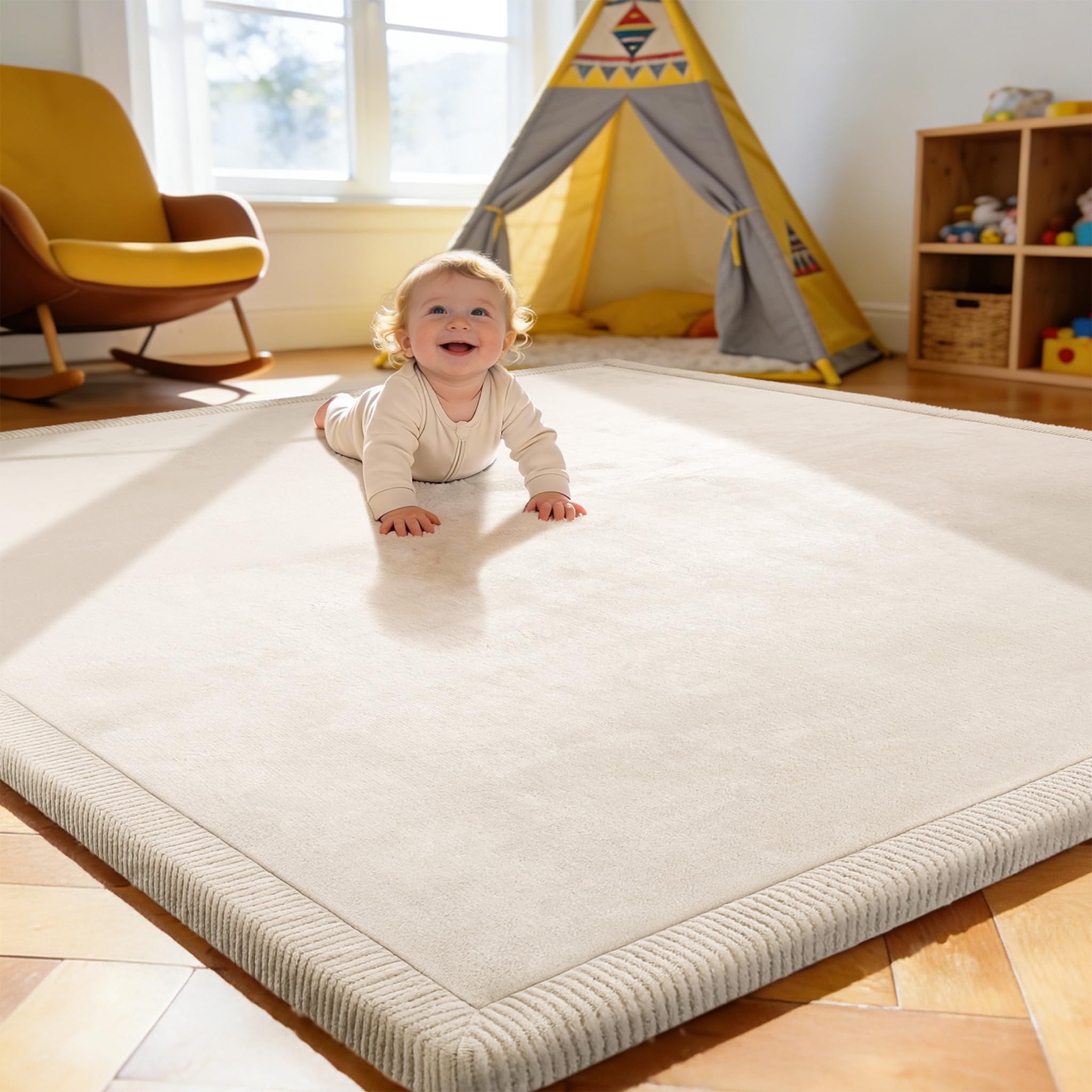Treeboy Spielmatte Baby 200x280x2cm beige – Teppich für Kinderzimmer mit hochwertigem Memory-Schaum – Krabbelmatte Baby mit Rutschfester Unterseite – Krabbeldecke, Kinderteppich, spielteppich Kinder