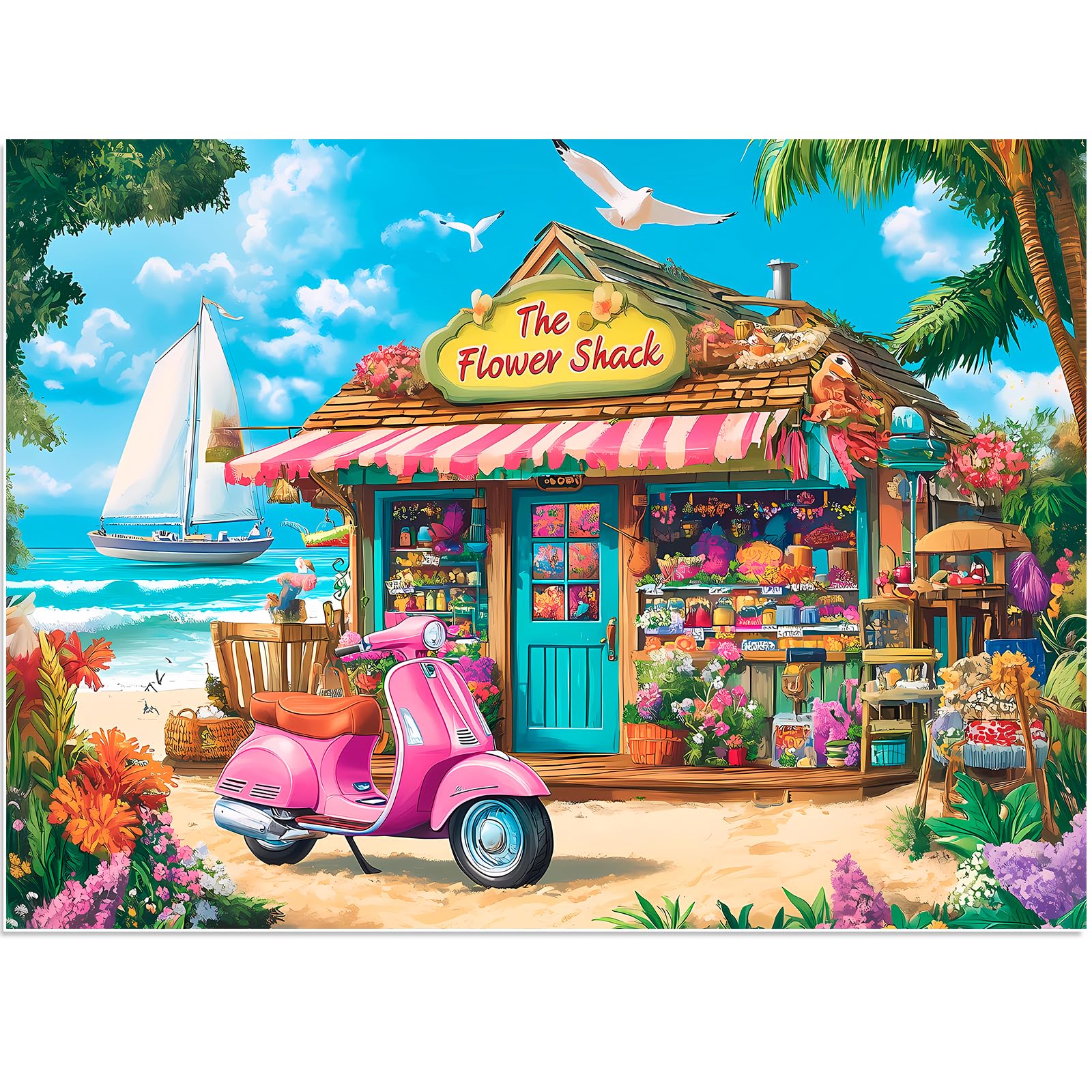 500 Pieces Puzzle for Adults, Beach House Flower Puzzle, Recycled Cardboard Jigsaw Puzzles 500 Pieces, Challenging Puzzles Game Home Art Decor