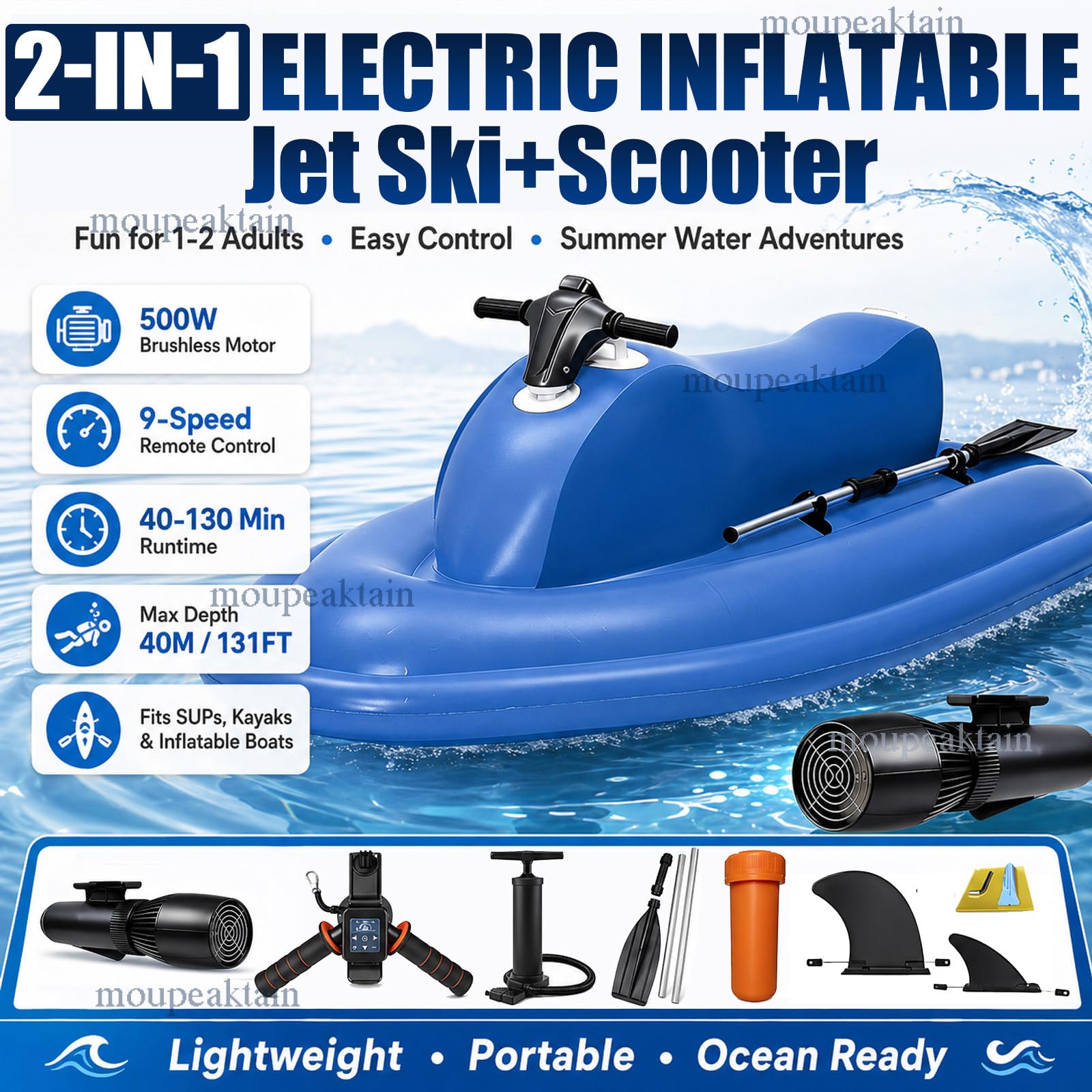 Barco Jet Eléctrico Hinchable para 2 Personas con Scooter Subacuático 500W/700W, Velocidad 3–9 km/h, Autonomía 130 min, Profundidad 40 m – para Buceo, Pesca y Aventuras en la Costa 16A