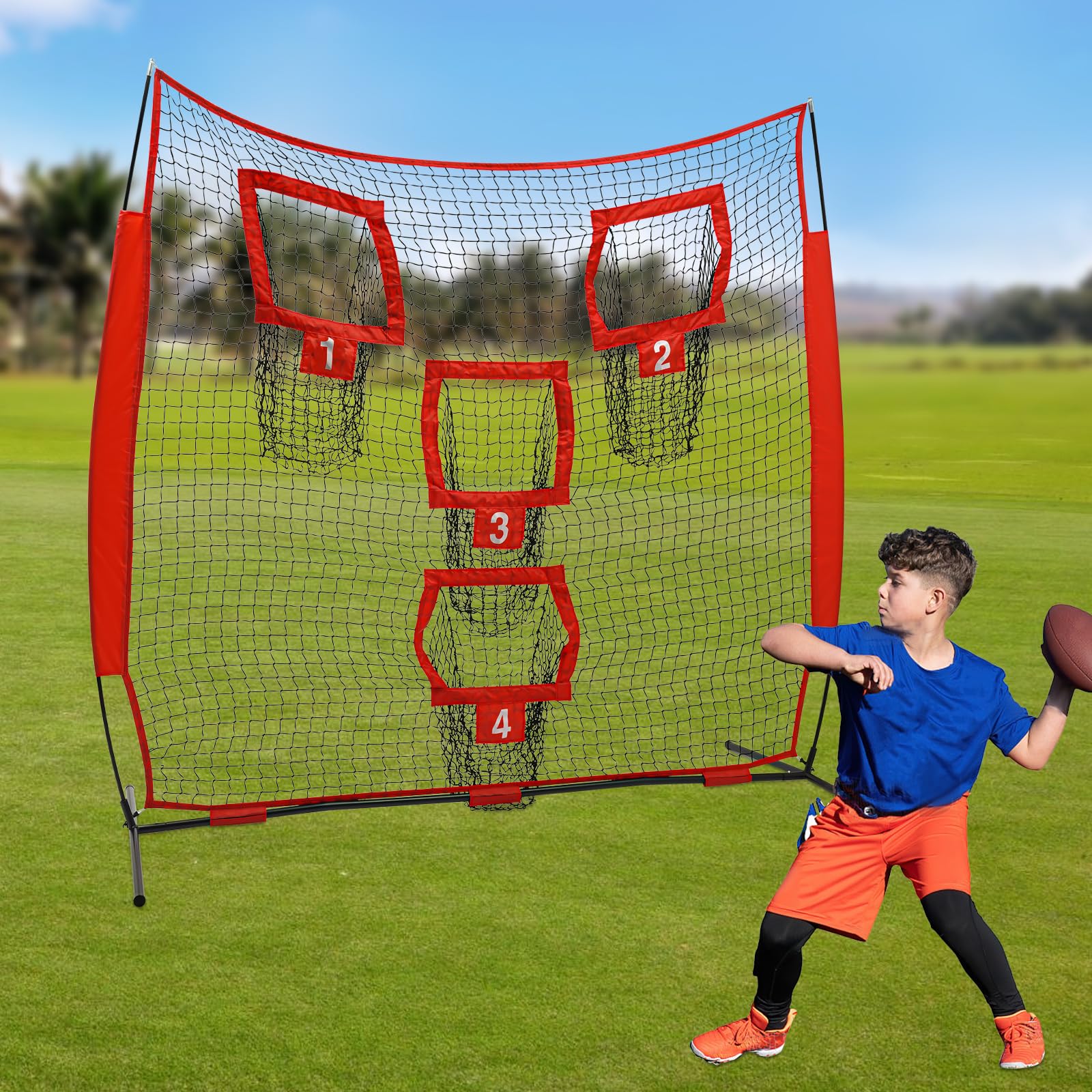 7 x 7ft Football Trainer Throwing Net,Football Nets for Throwing with 4 Target Pockets,Practice Net Quarterback Training Equipment for Accuracy Throwing,Red