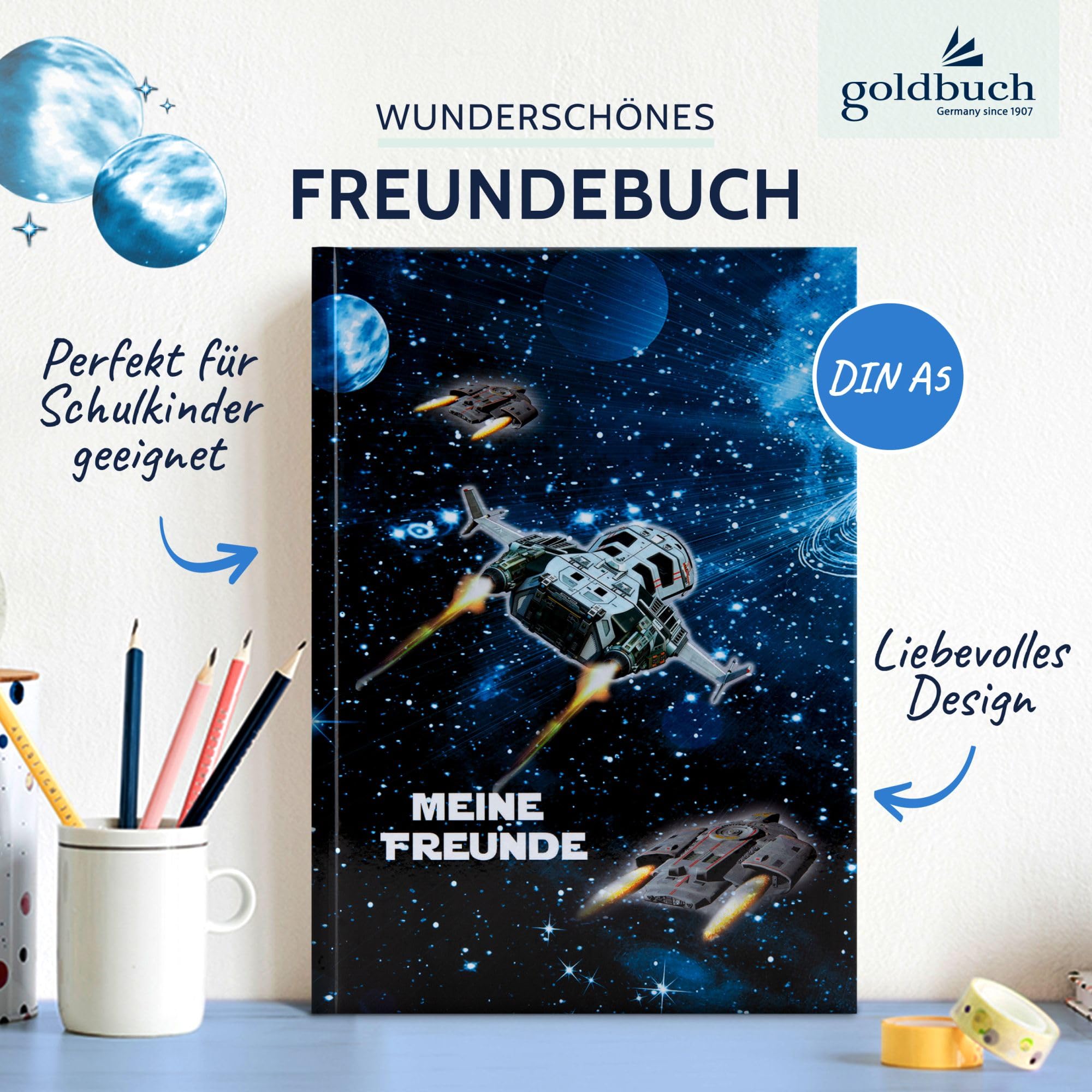 goldbuch 43570 Friendship Book Spaceship Friendship Book DIN A5 72 Illustrated Pages for Nursery, Nurseries and Primary School, for Best Friends in School Time, Art Print, Laminated, Dark Blue, 15 x