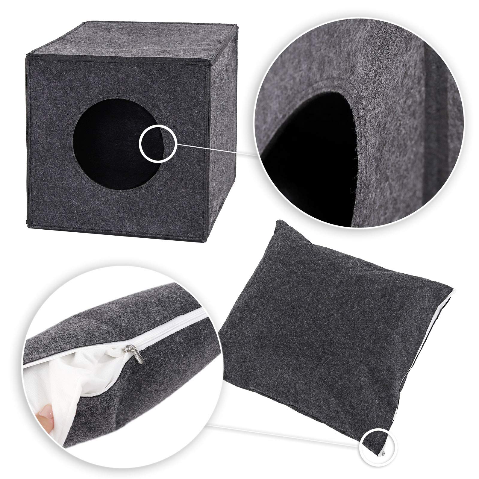 lionto Caverne pour Chats en Feutre Robuste adaptée aux systèmes de rayonnage, 33x37x33 cm, lit pour Chats Pliable en Forme de Cube, Niche avec Coussin Confortable, Gris foncé