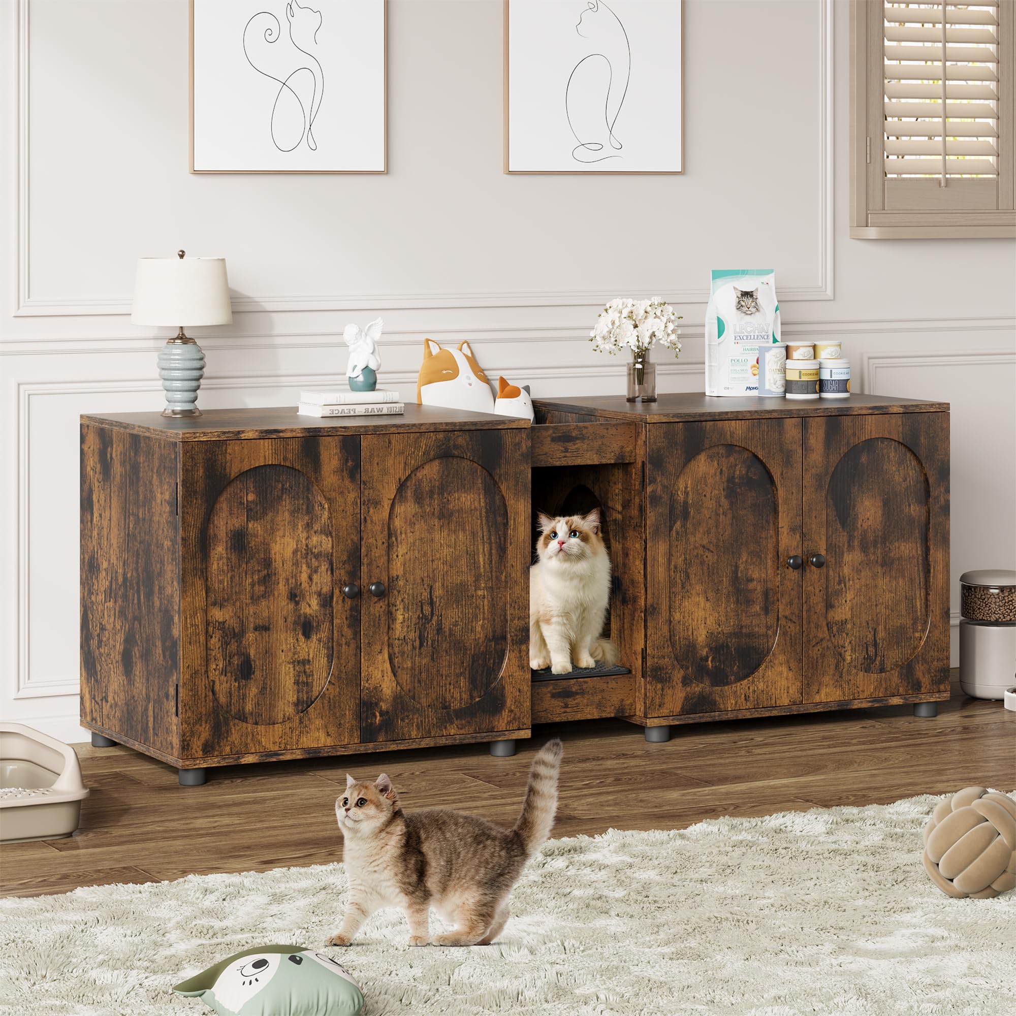Cat Litter Box Enclosure for 2 Cats, Multi - Functional Cat Litter Cabinet, Hidden Litter Box Furniture with Scratching Mat, Wooden Pet House or Side Table for Living Room, 140 x 45 x 56 cm