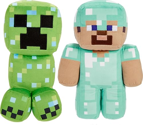 Mattel Minecraft - Figura de peluche de 2 unidades, Steve en armadura de diamante y enredadera cargada con diseño pixelado