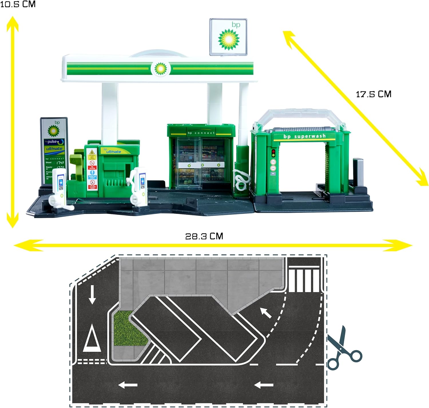 Majorette Petrol Station BP (incl. Toy car) - Toy Petrol Station with car wash, Shop, Petrol and Charging Stations and Many Functions, car Play Set for Children from 5 Years, 17 x 28 x 10 cm