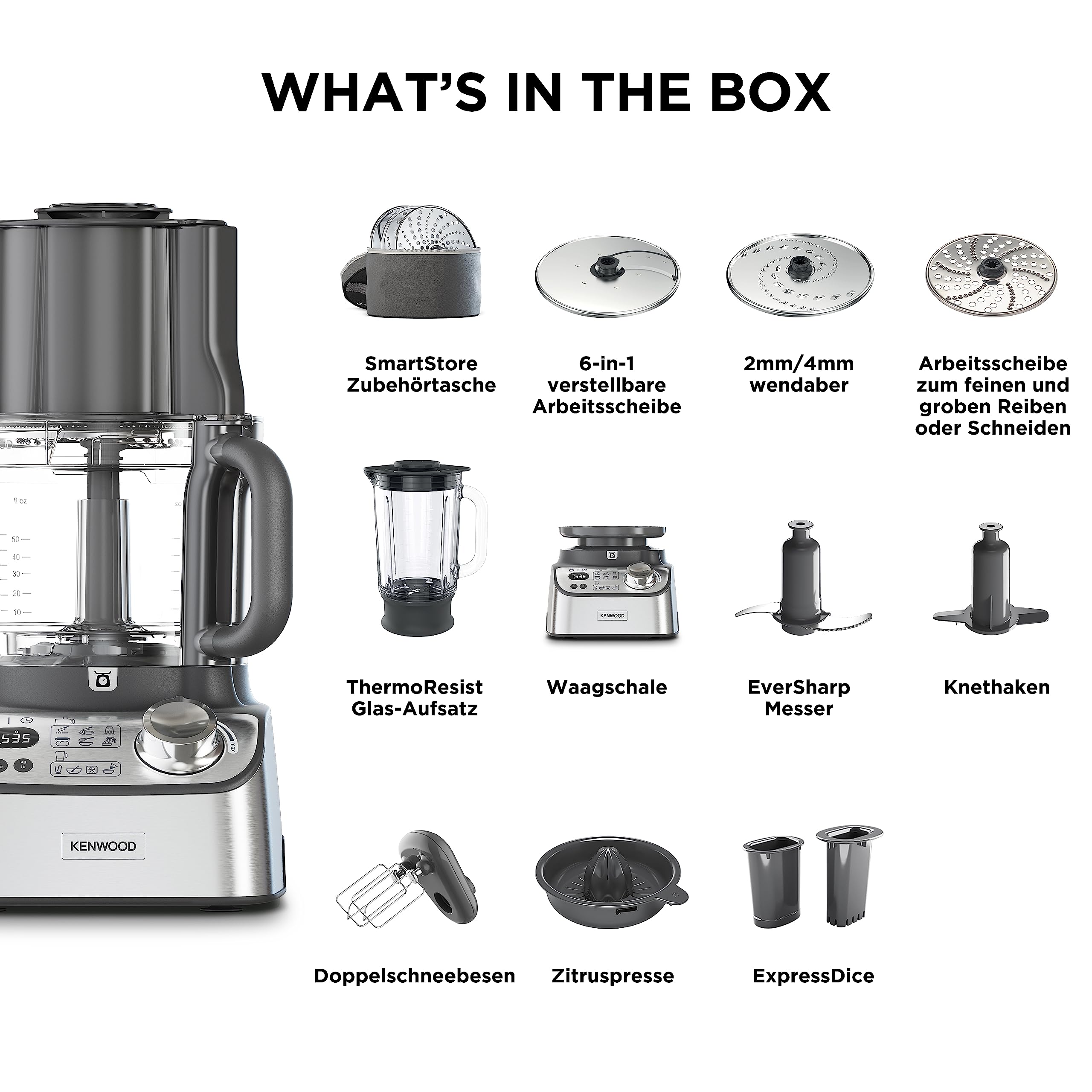 Kenwood MultiPro XL Weigh+ FDM72.990SS Kompakt-Küchenmaschine mit integrierter Waage & Timer, ExpressDice, 3 l Arbeitsbehälter, Variable Geschwindigkeit, XL-Einfüllschacht, 1000 Watt, Silber