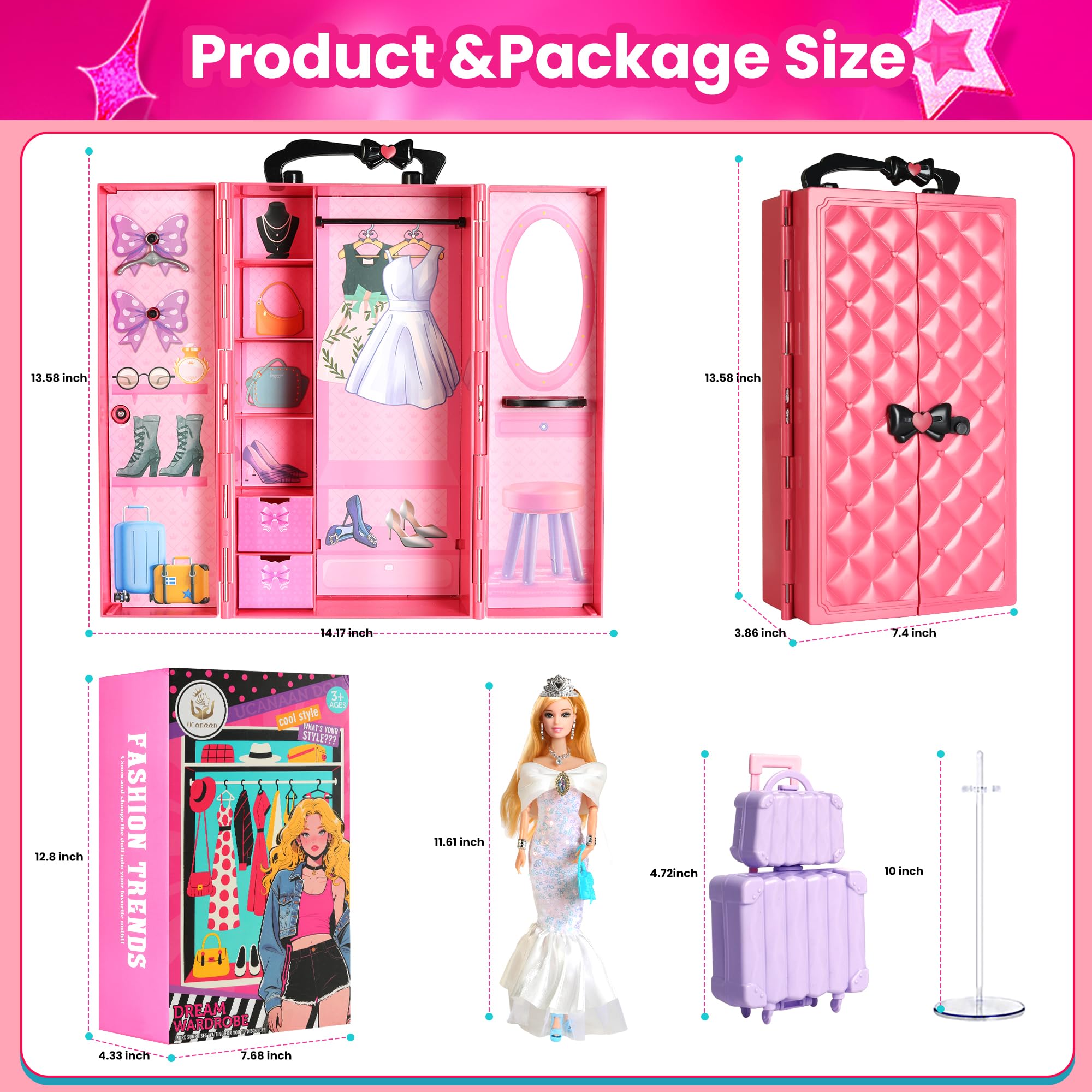 UCanaan Juego de 180 piezas de ropa y accesorios para muñecas, vestidos de princesa, vestidos, tops, pantalones, zapatos, perchas, armario de muñeca de moda, a partir de 3 años, los mejores Gitfs para