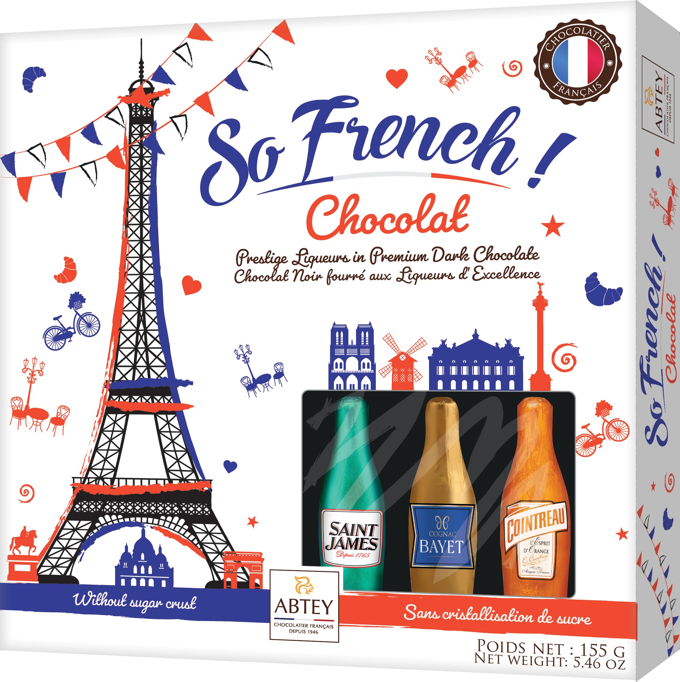 ABTEY So French! Dark Chocolate Liqueur Selection Gift Box 155g - Cointreau®, St James® Rum & Bayet Cognac - 12 Assorted Chocolate Liqueurs Bottles - Mothers Day Gifts