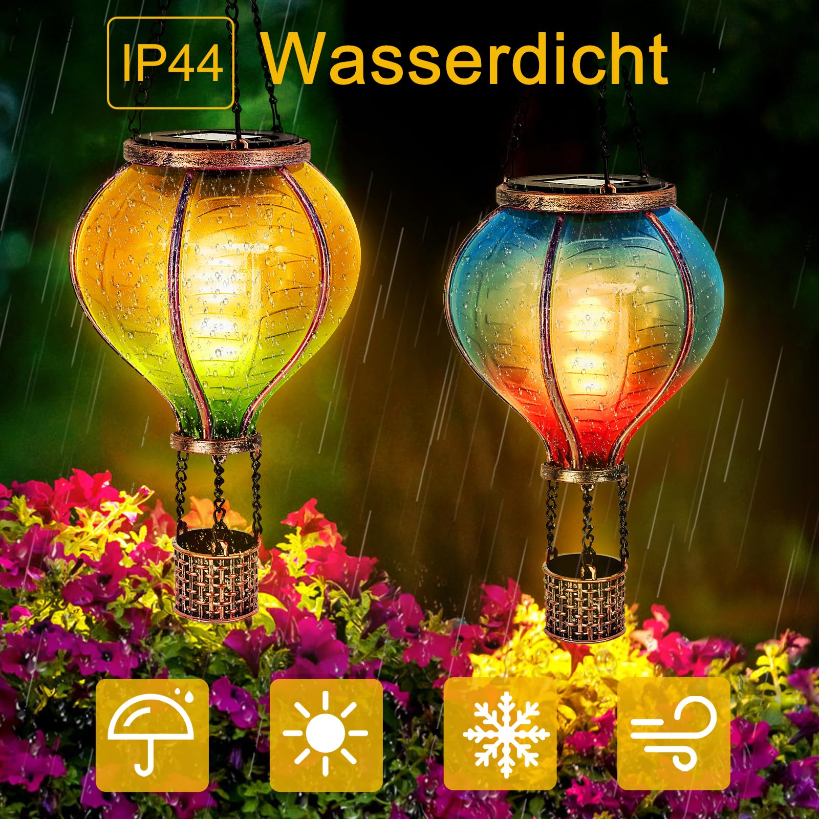IEEILULU 2PCS Solar Heißluftballon, Gartendeko für Draußen mit Dekorativer Flammeneffekt, Lightzone Solar-Led-Heißluftballon, Solarlaterne für Außen Terrasse Balkon Pfahlpfad Rasen