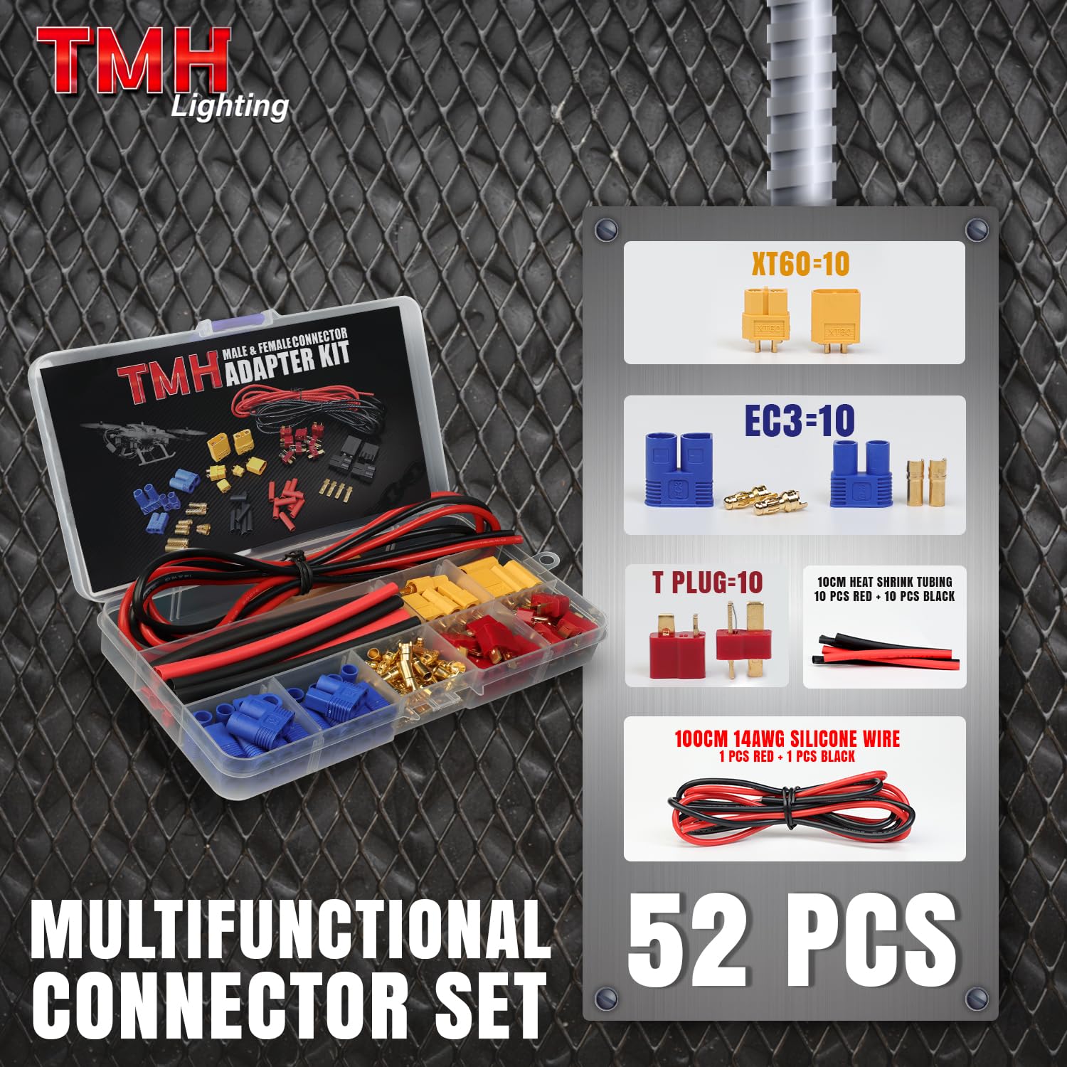 TMH 52 Pcs T-Plug EC3 XT60 Male and Female Plug Adapter Connector Kit with 14 AWG Silicone Wire + Heat Shrink Tubing, Compatible for RC ESC Lipo Battery Motor (Total 52 PCS)