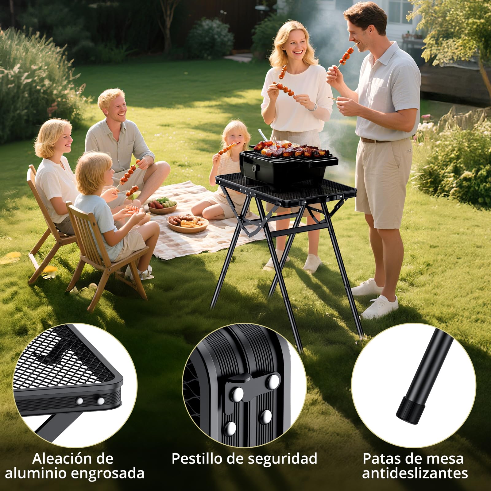 Anbte Mesa Camping Plegable 60 x 40 x 24.5/47.7/71cm, Mesa Plegable para Parrilla, Soporta 80KG, Estable, Tablero Resistente al Calor para Camping Barbacoa Cocina Patio