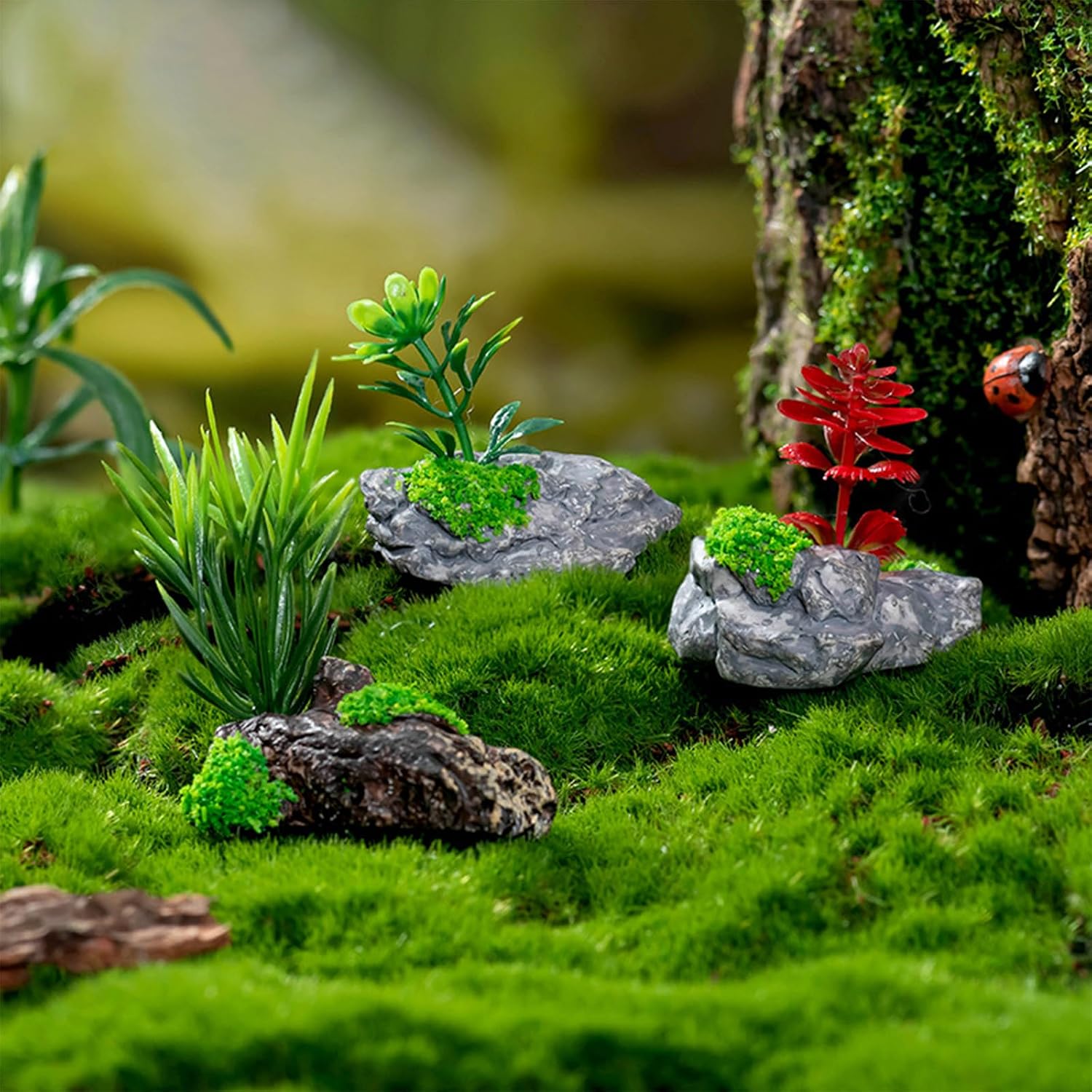 Kai Dream Fairy Garden Stone Rocks, Trees Stumps with Plants -7 Piece